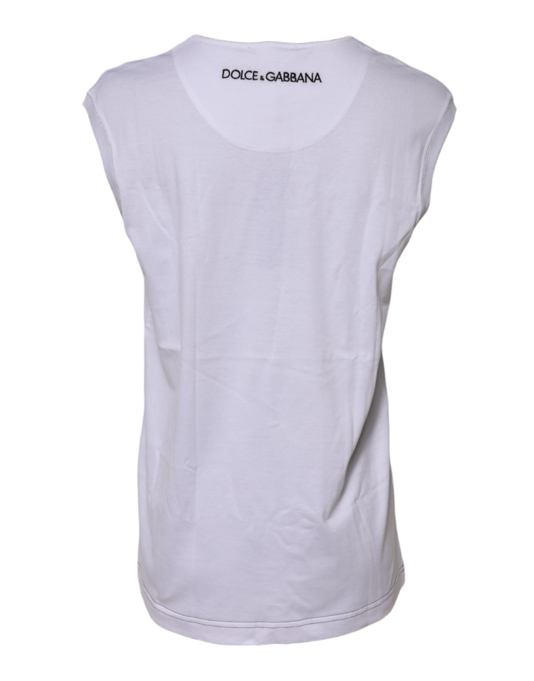 Dolce & Gabbana White Cotton Sleeveless Printed Tank T-shirt | Regal Royce