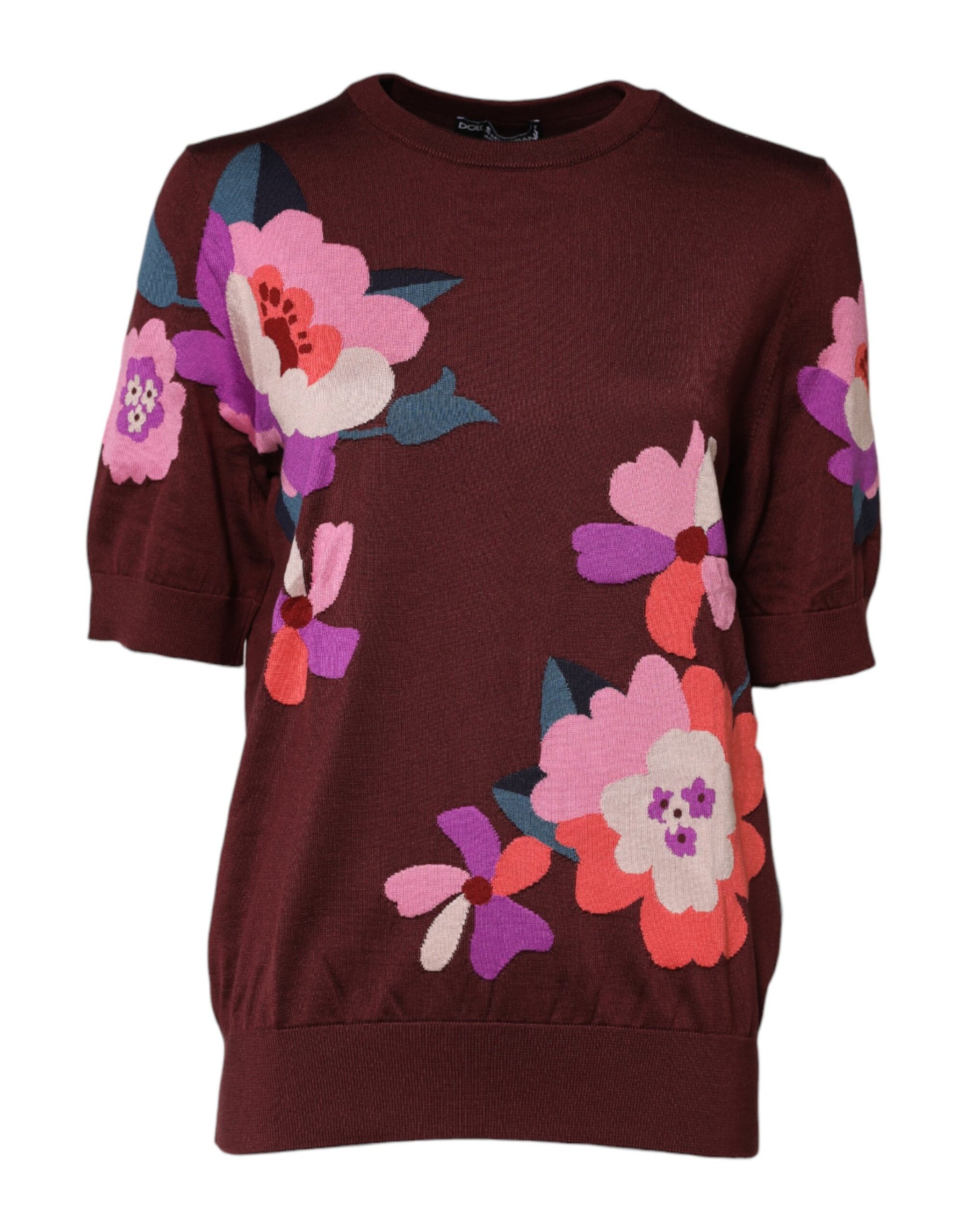 Dolce & Gabbana Maroon Floral Silk Crew Neck Blouse Top | Regal Royce
