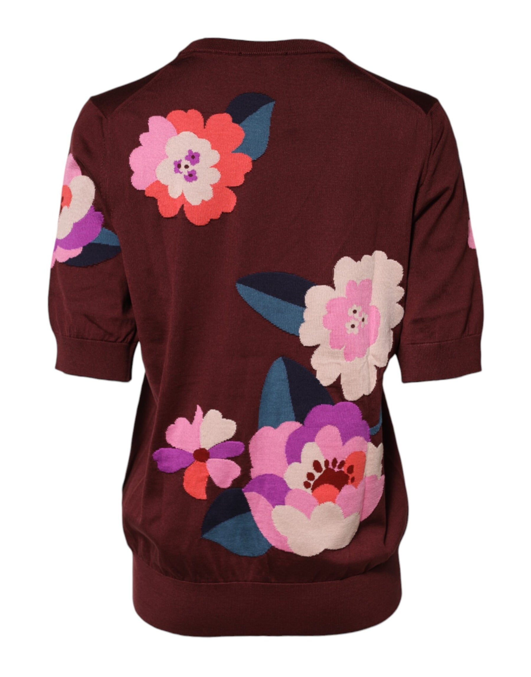 Dolce & Gabbana Maroon Floral Silk Crew Neck Blouse Top | Regal Royce