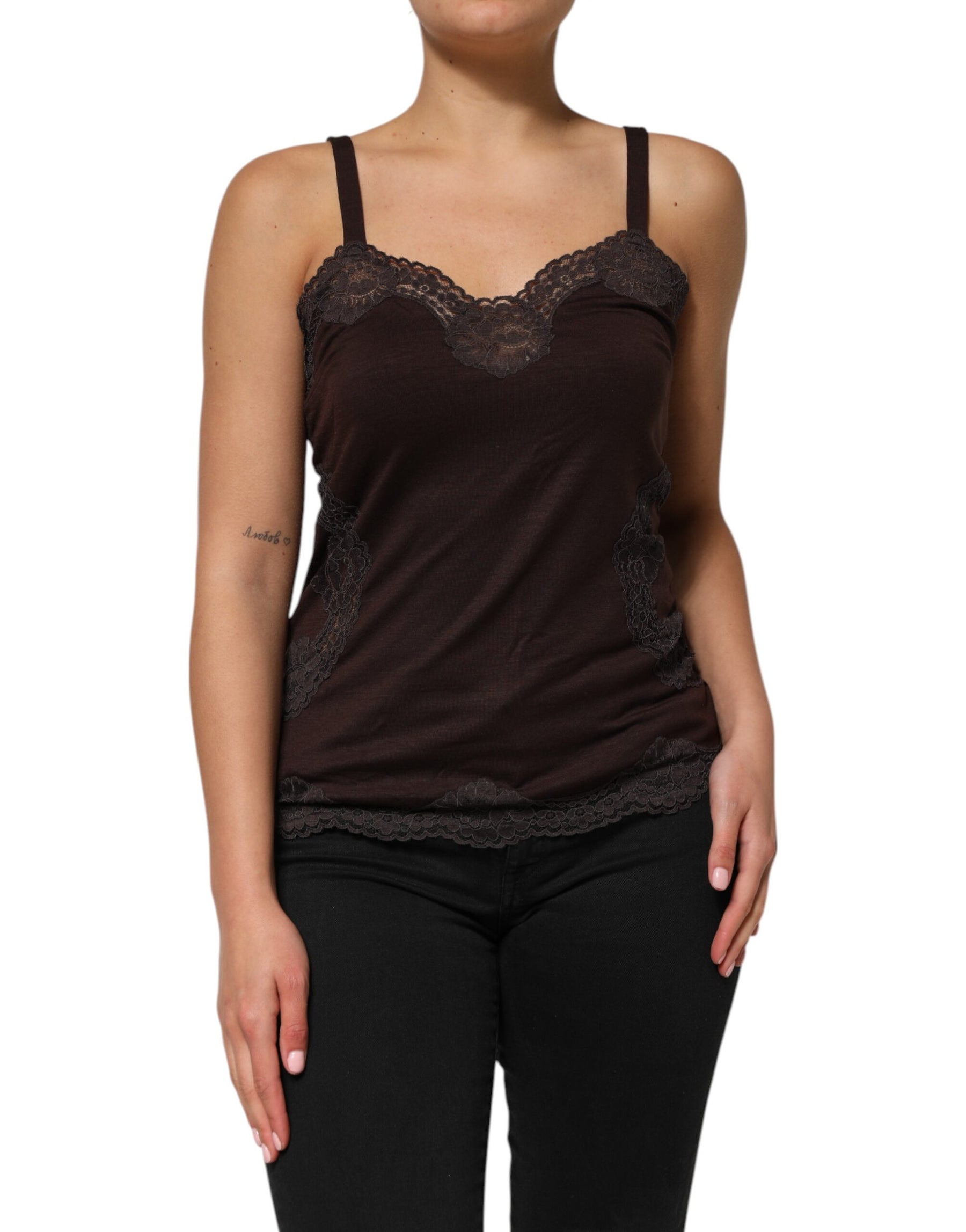 Dolce & Gabbana Dark Brown Lace Trim Wool Sleeveless Tank Top | Regal Royce