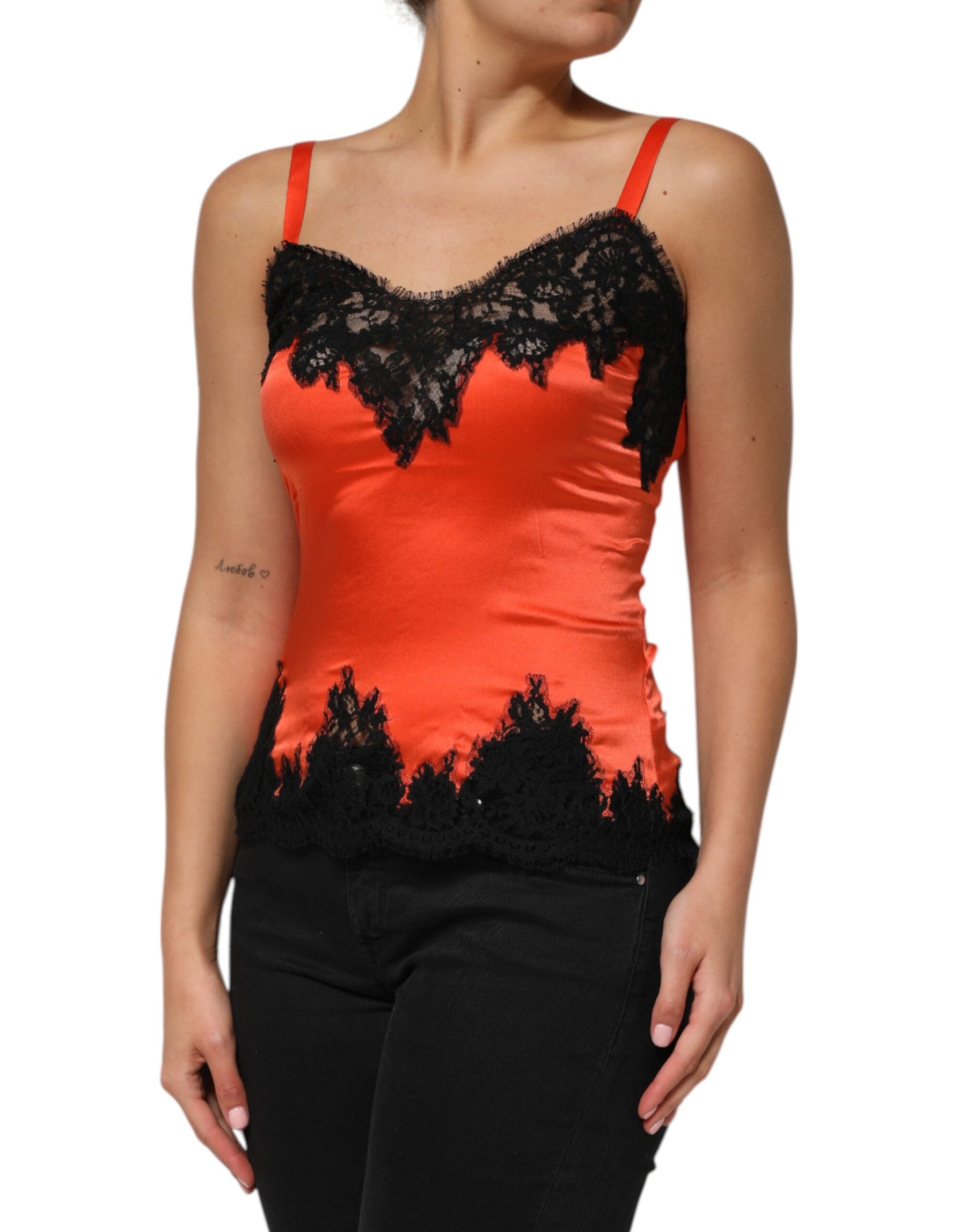 Dolce & Gabbana Red Black Lace Trim Silk Sleeveless Tank Top | Regal Royce