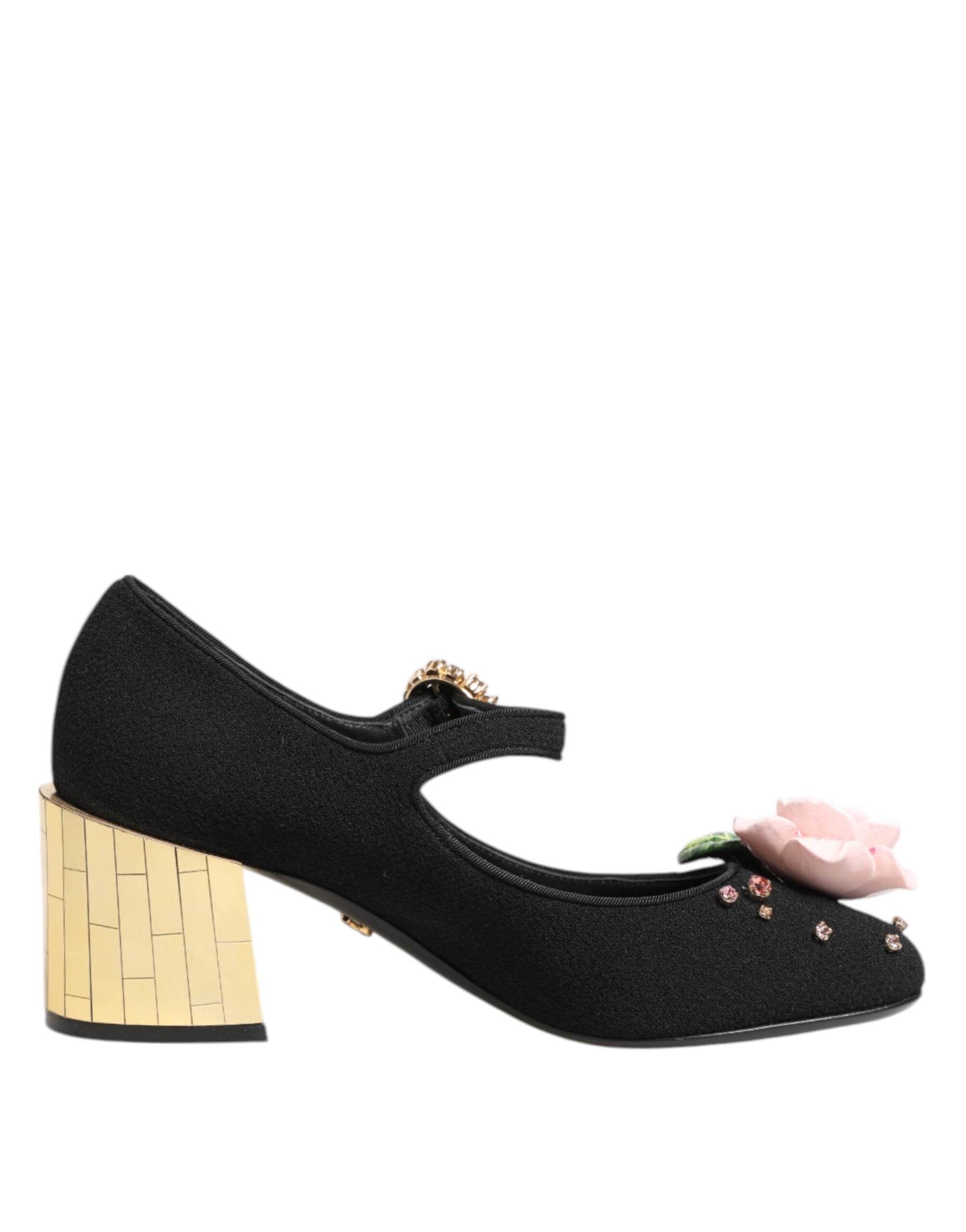 Dolce & Gabbana Black Flower Crystal Embellished Mary Jane Shoes | Regal Royce