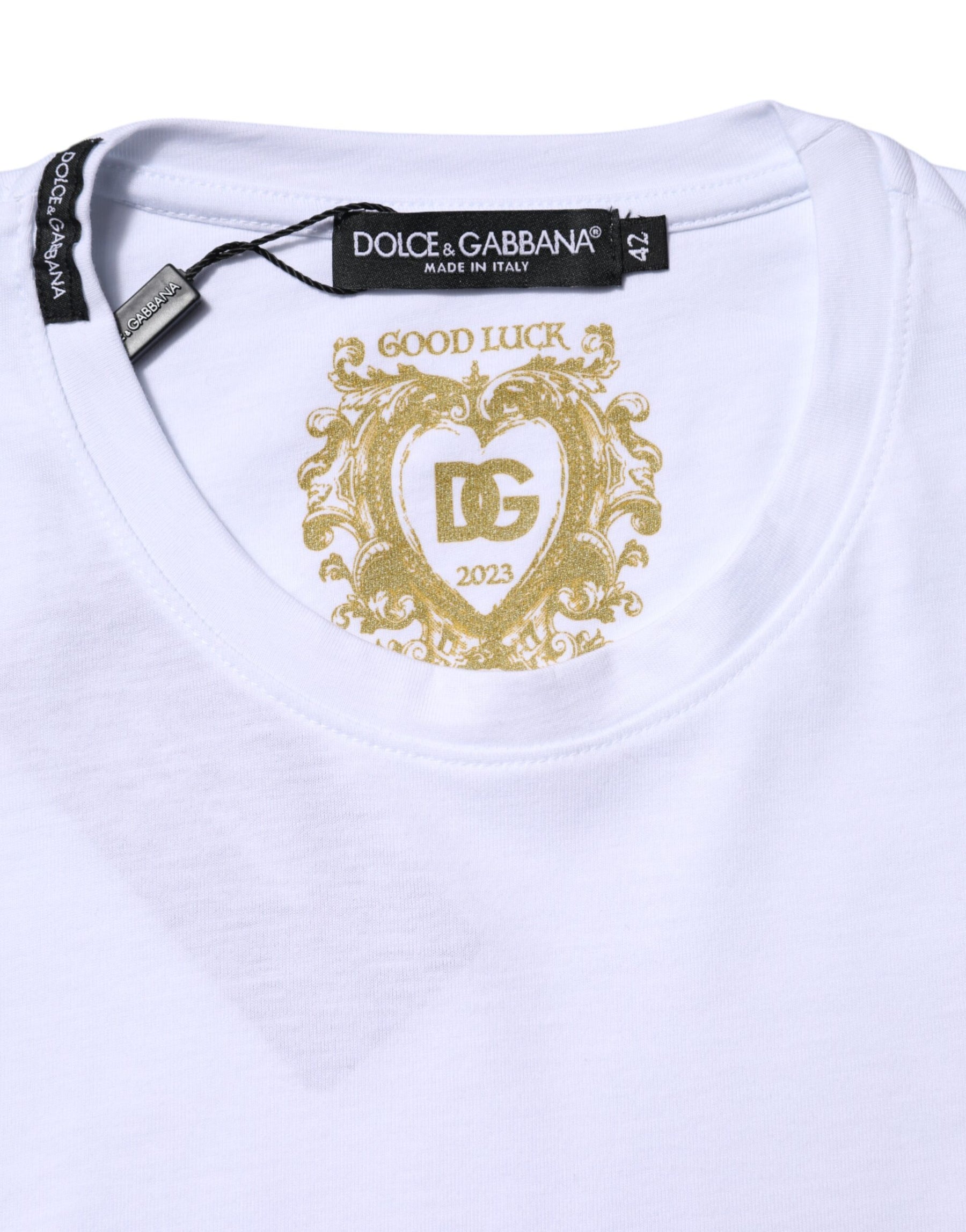 Dolce & Gabbana White Cotton Goodluck 2023 Crew NeckT-shirt | Regal Royce