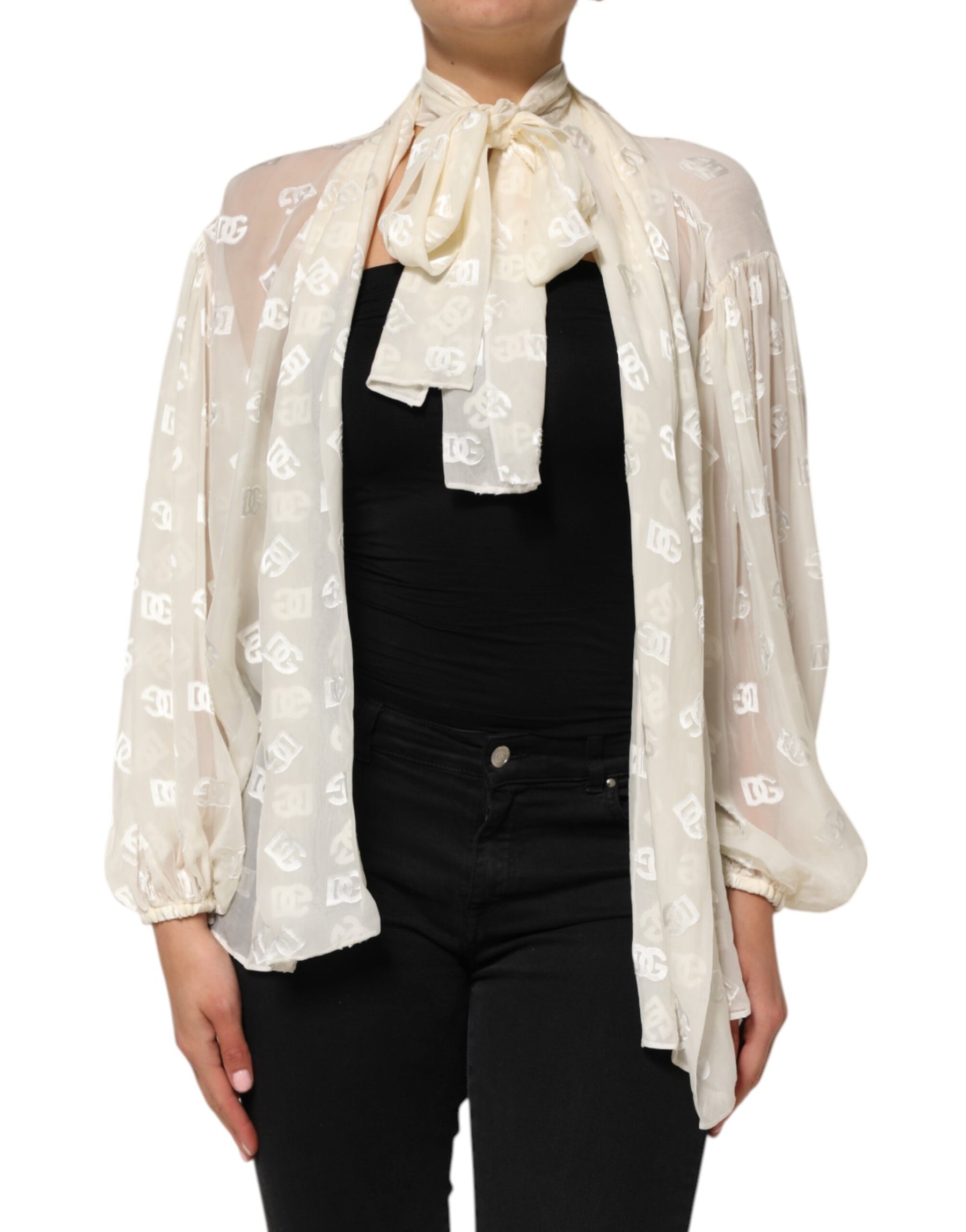 Dolce & Gabbana Off White Logo Monogram Ascot Collar Top | Regal Royce