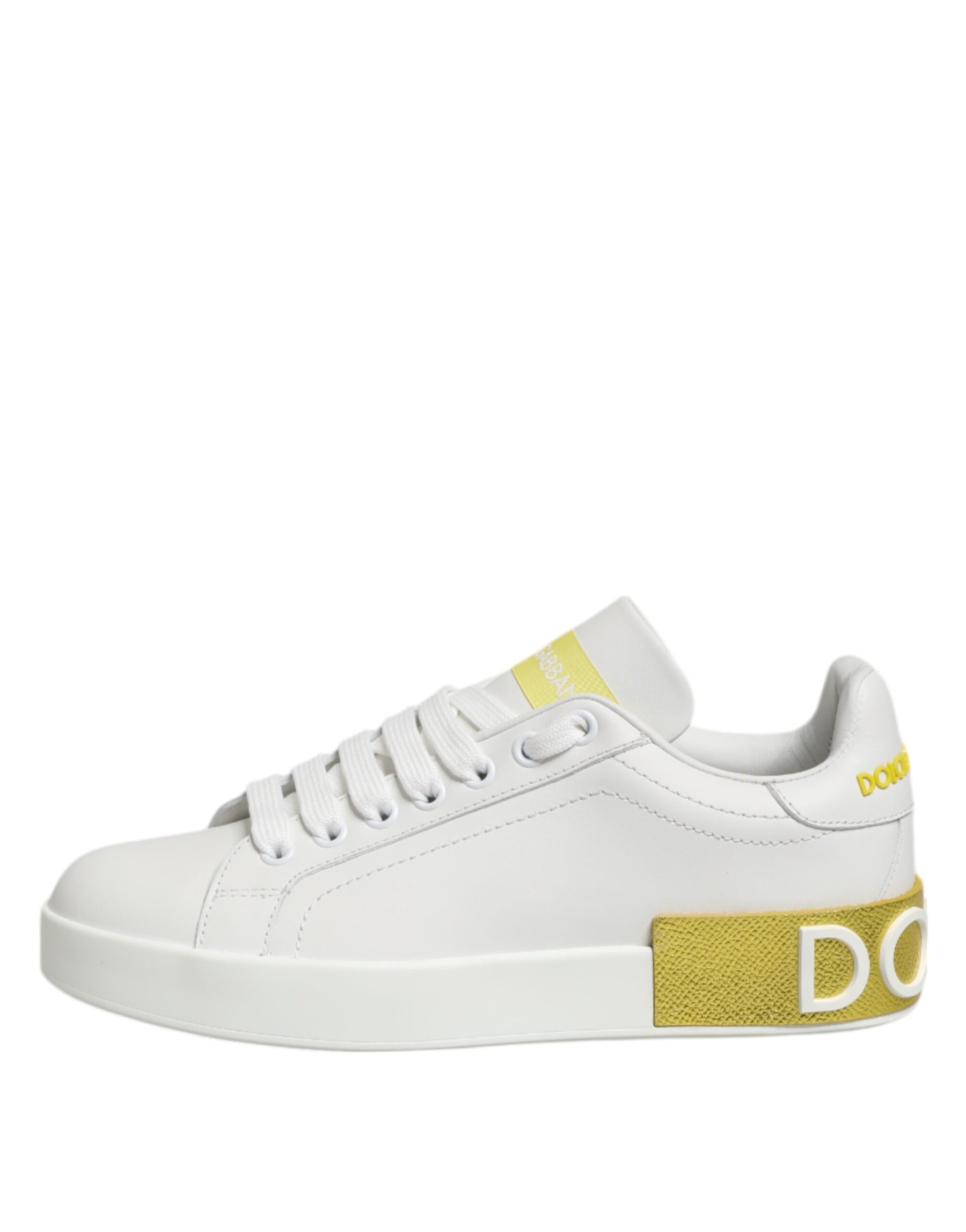 Dolce & Gabbana White Yellow Leather Low Top Sneakers Shoes | Regal Royce
