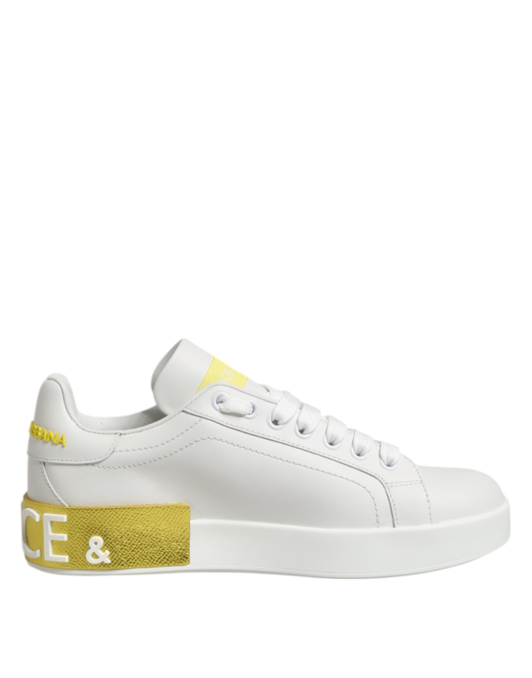 Dolce & Gabbana White Yellow Leather Low Top Sneakers Shoes | Regal Royce