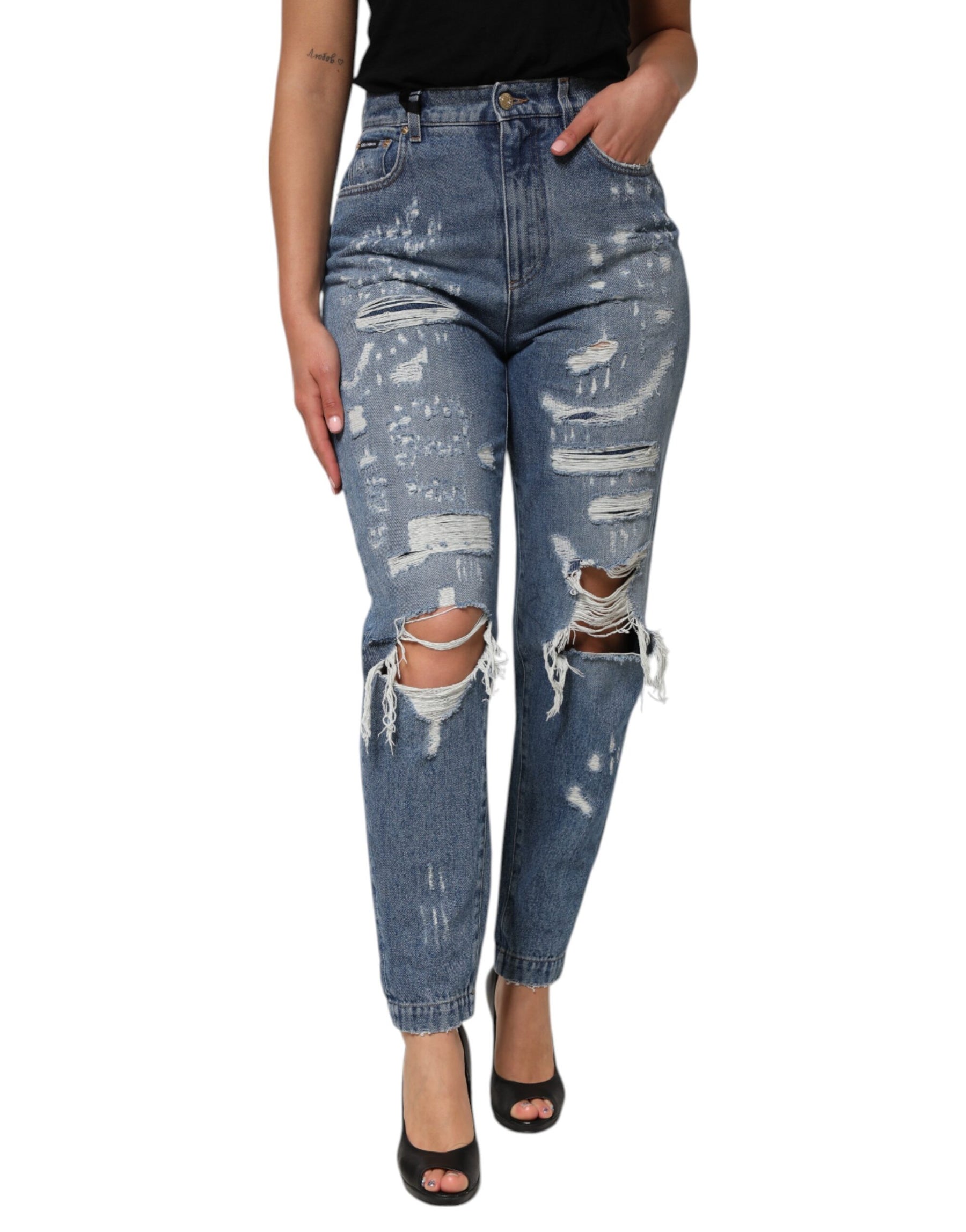 Dolce & Gabbana Blue Tattered High Waist Women Denim Jeans | Regal Royce