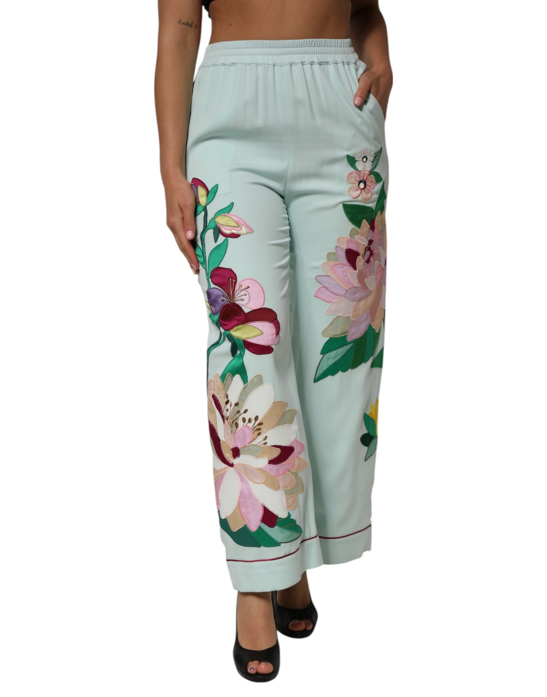 Dolce & Gabbana Green Floral Garterized Straight Pajama Pants | Regal Royce