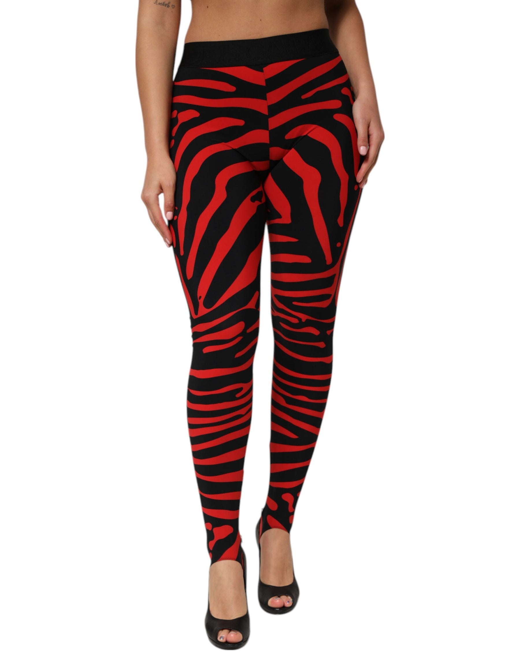 Dolce & Gabbana Black Red Nylon Logo Waisted Leggings Pants | Regal Royce