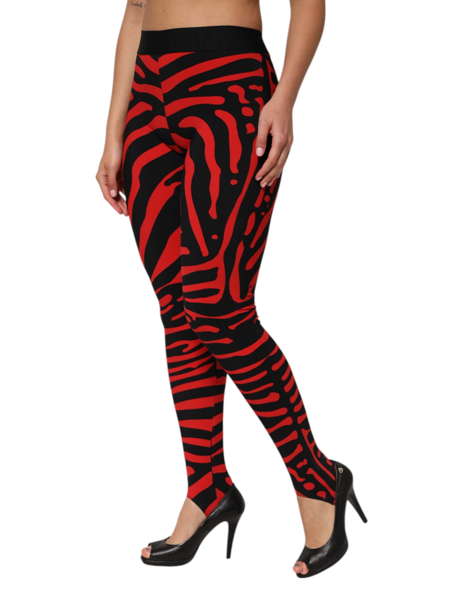 Dolce & Gabbana Black Red Nylon Logo Waisted Leggings Pants | Regal Royce