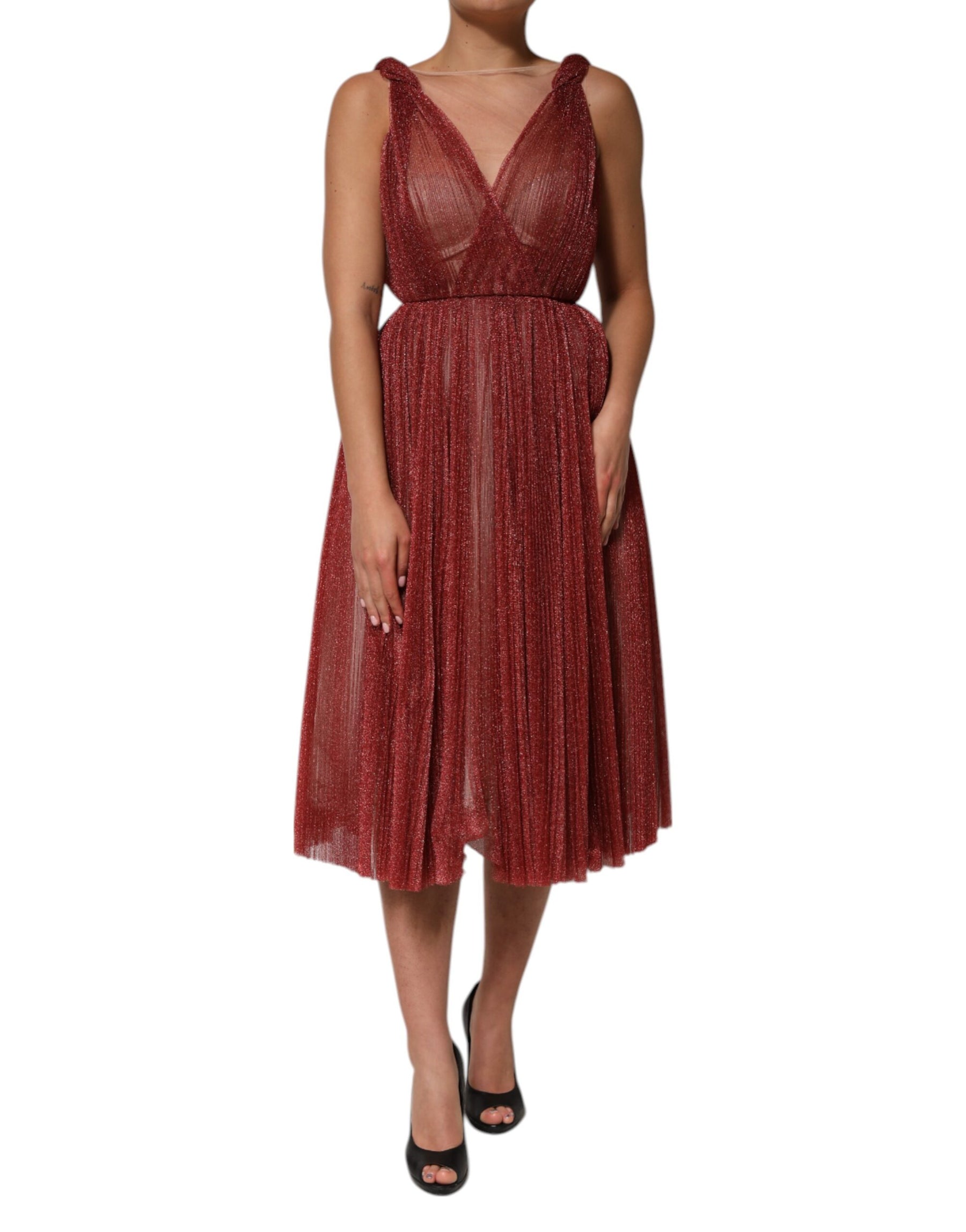Dolce & Gabbana Burgundy Mesh Sleeveless Midi A-line Dress | Regal Royce