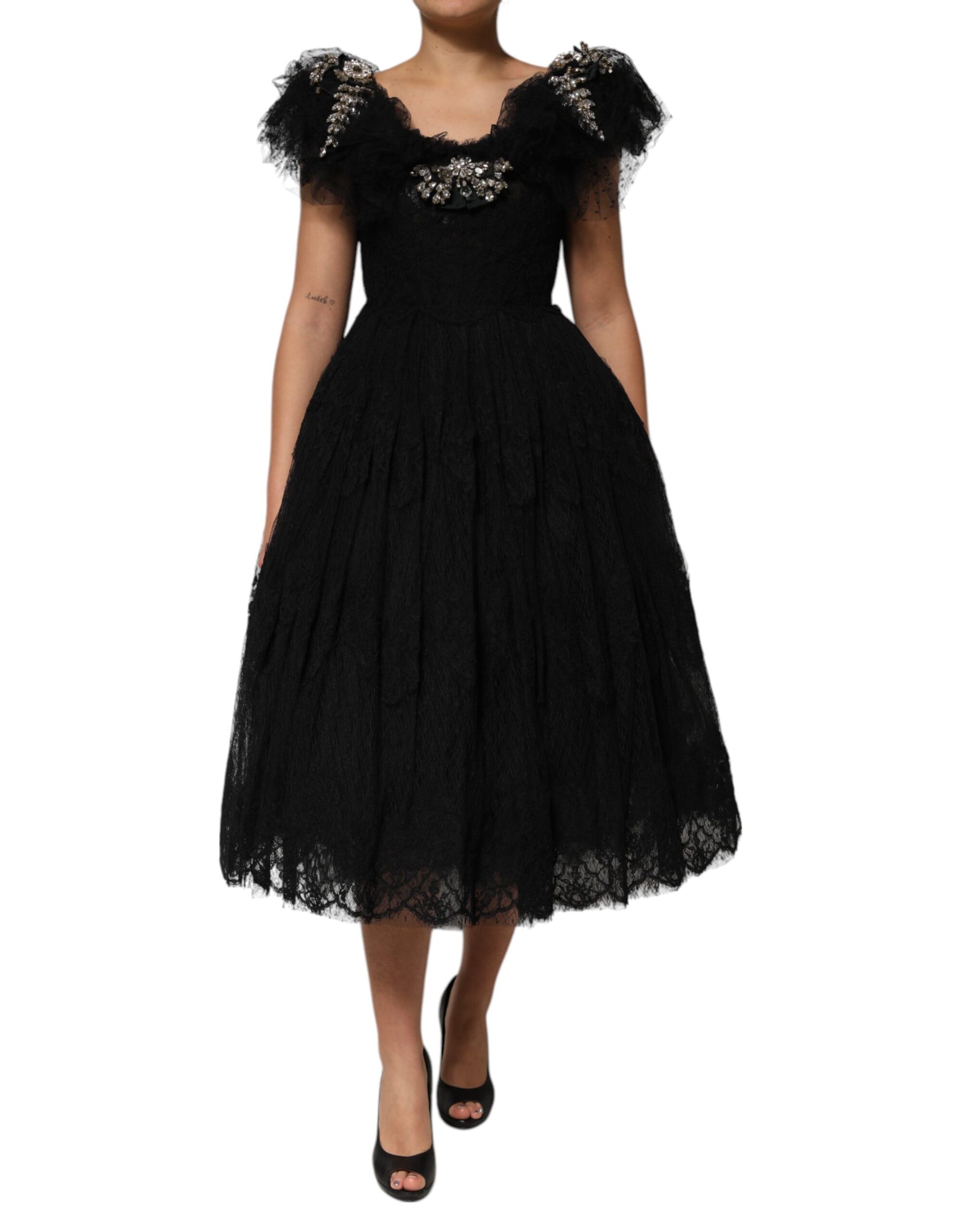 Dolce & Gabbana Black Crystal Embellished Midi A-line Dress | Regal Royce