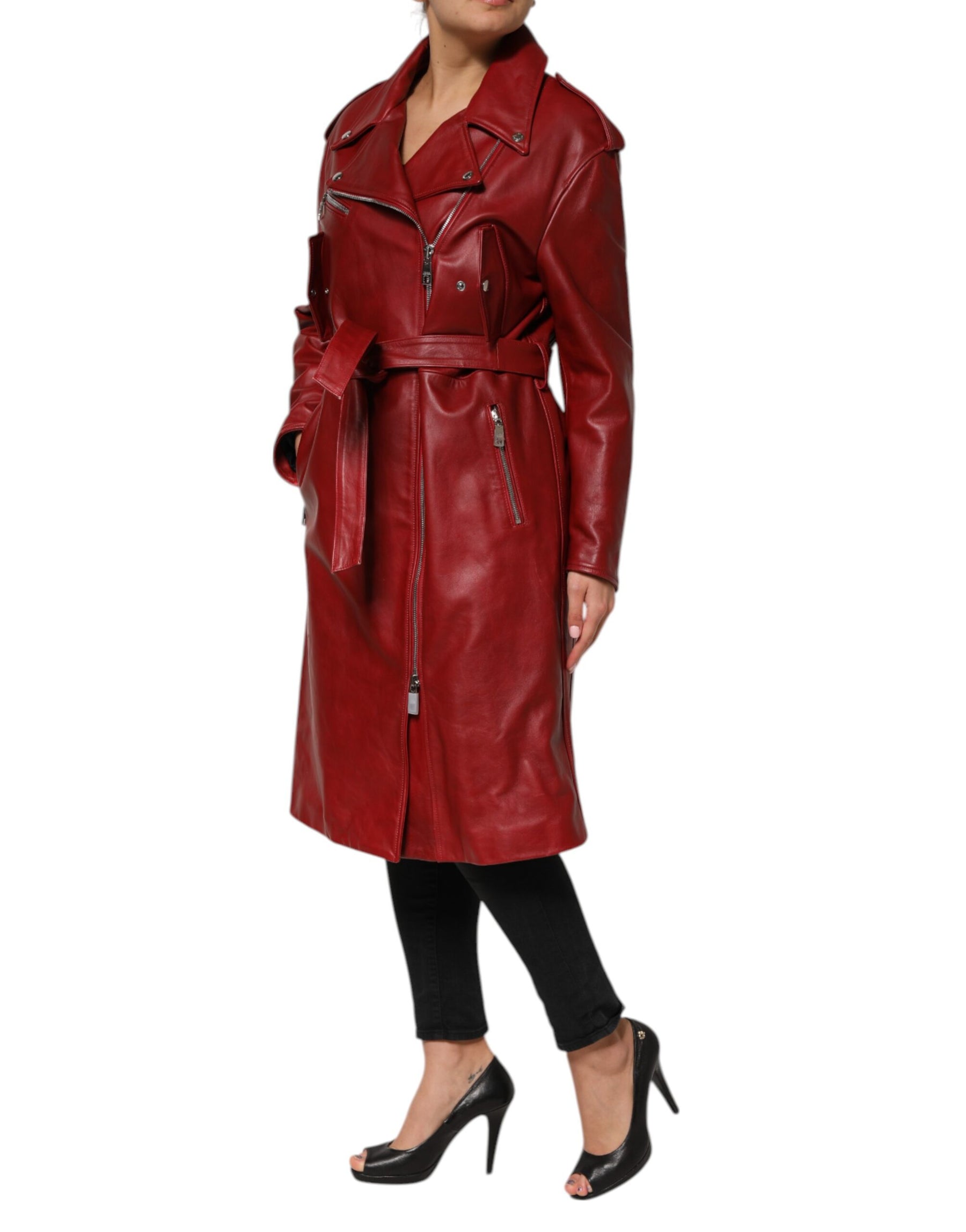 Dolce & Gabbana Red Leather Belted Full Zip Trench Coat Jacket | Regal Royce