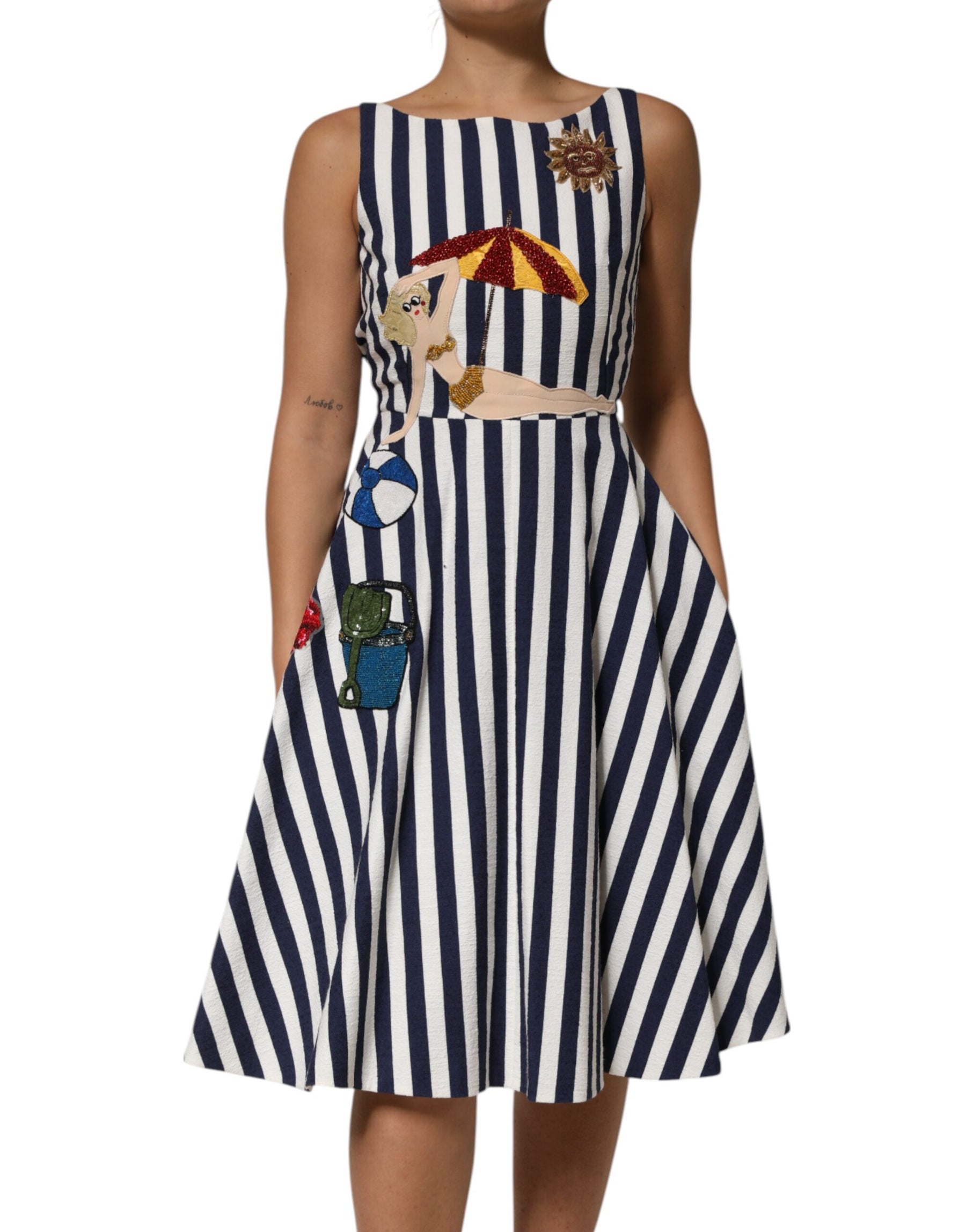 Dolce & Gabbana Blue White Striped Embroidered A-line Dress | Regal Royce