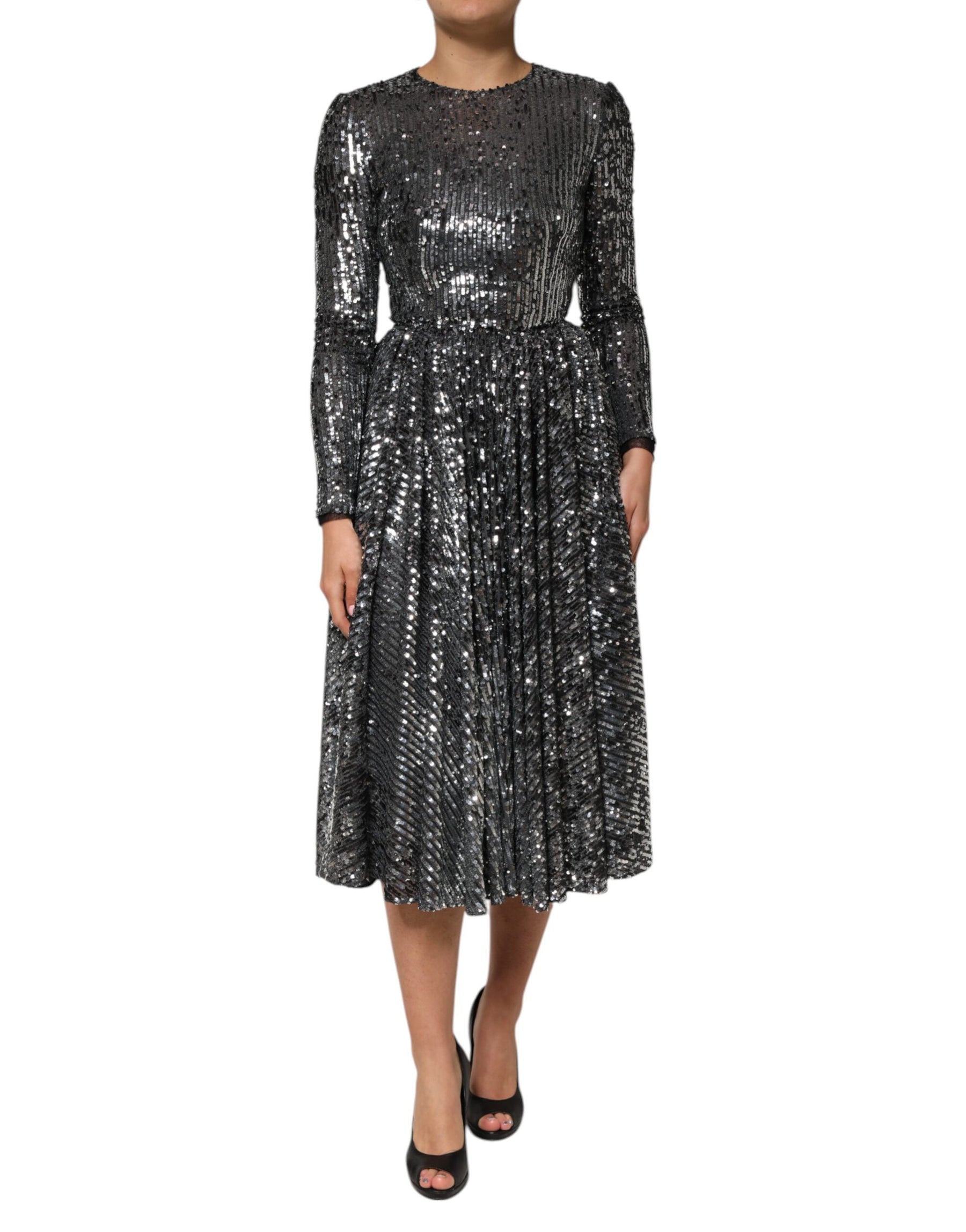 Dolce & Gabbana Black Sequined Long Sleeves Midi A-line  Dress | Regal Royce