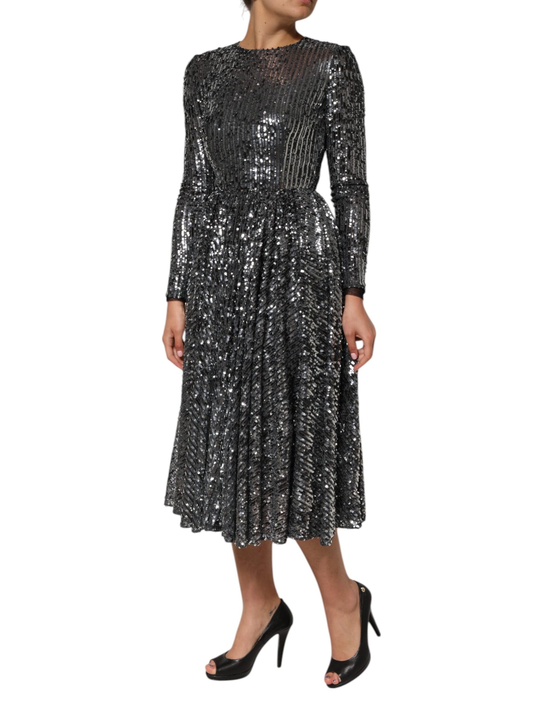 Dolce & Gabbana Black Sequined Long Sleeves Midi A-line  Dress | Regal Royce