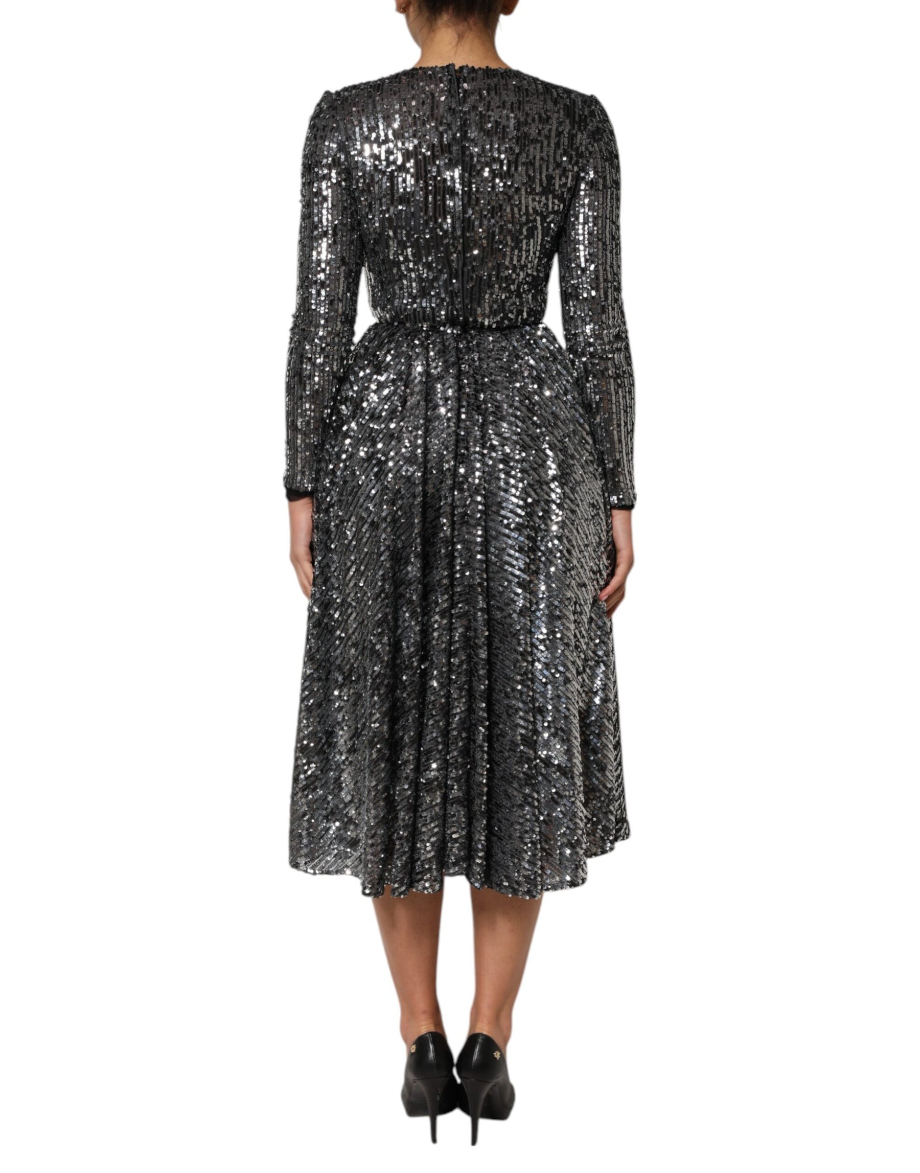 Dolce & Gabbana Black Sequined Long Sleeves Midi A-line  Dress | Regal Royce