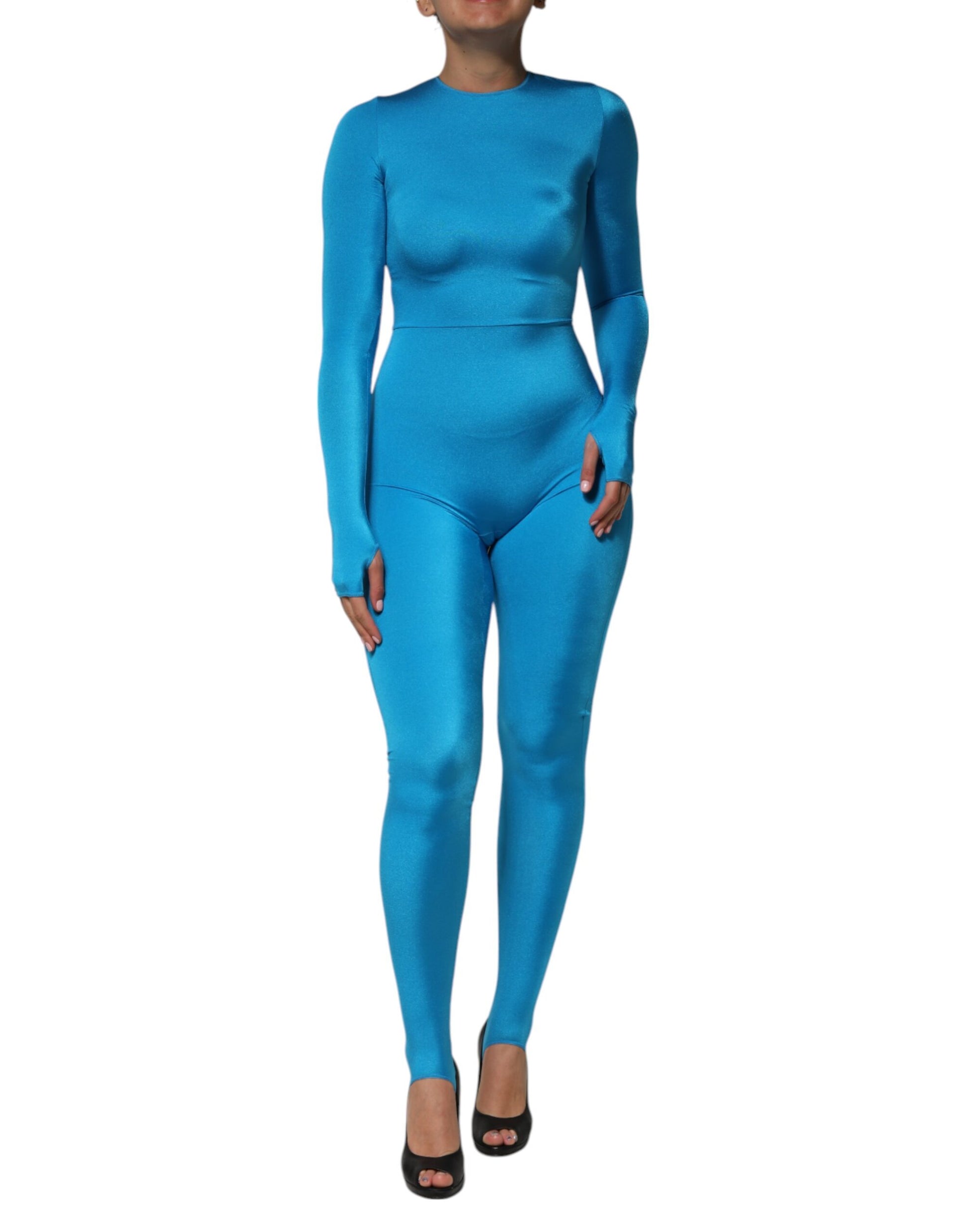 Dolce & Gabbana Blue Nylon Crew Neck Bodycon Jumpsuit Dress