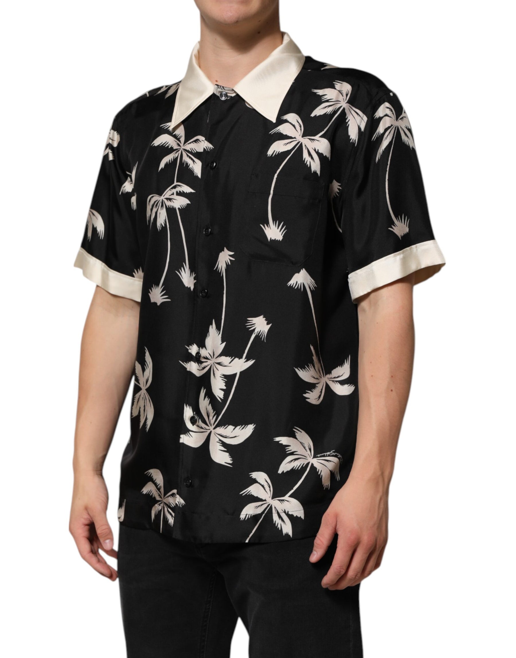Dolce & Gabbana Black Printed Silk Short Sleeves Casual Shirt | Regal Royce