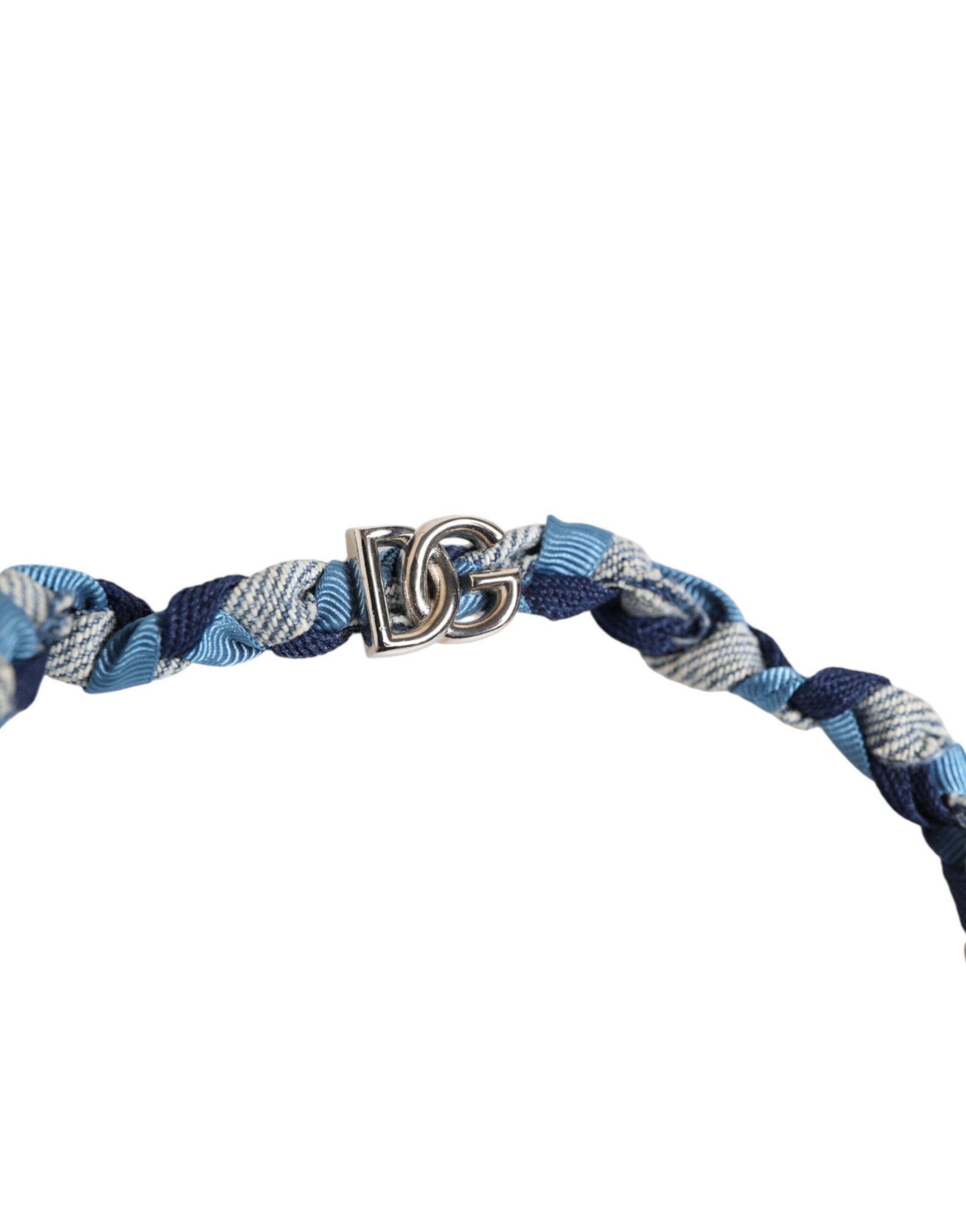 Dolce & Gabbana Blue White Braided Silver Metal Logo Beaded Men Bracelet | Regal Royce