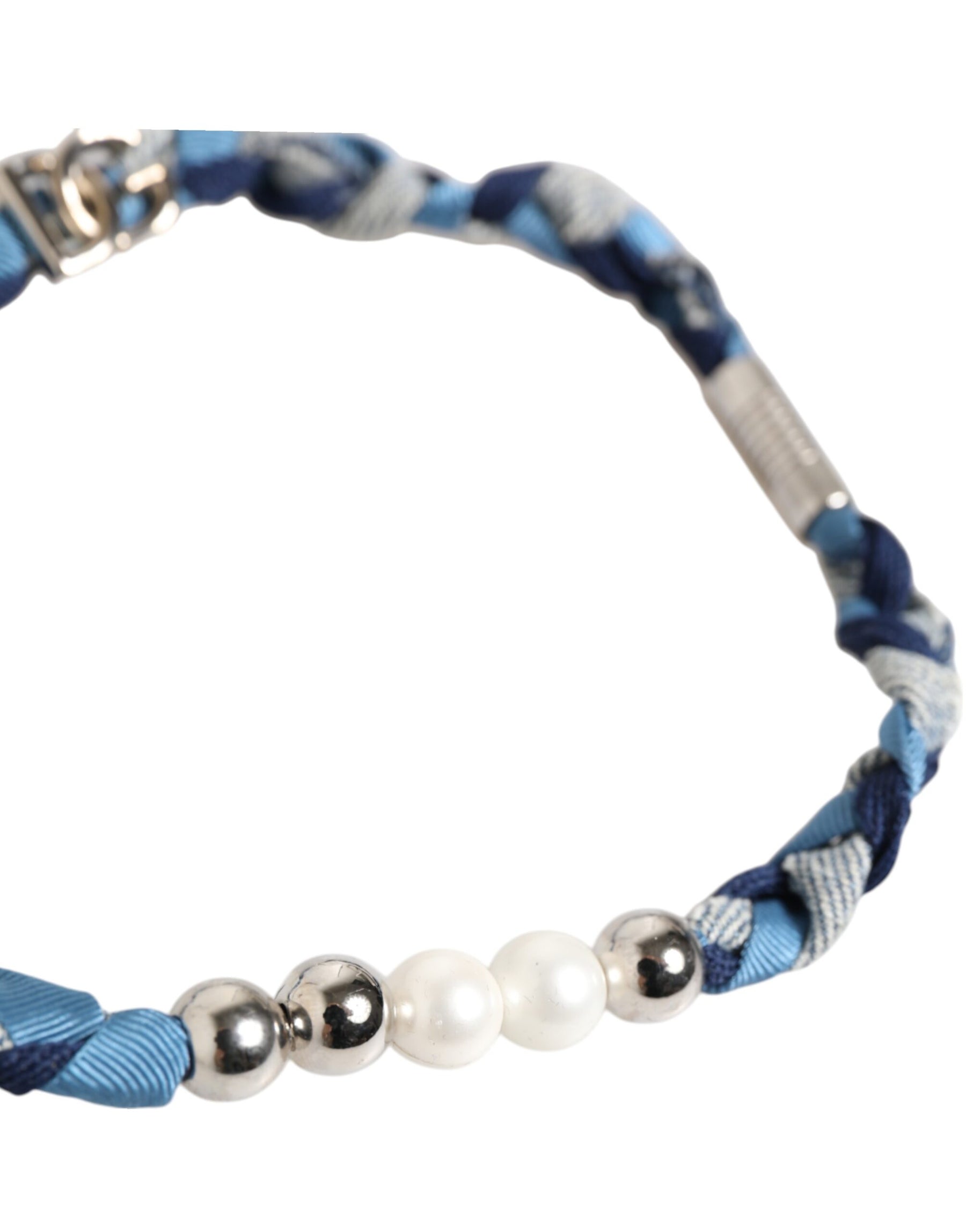 Dolce & Gabbana Blue White Braided Silver Metal Logo Beaded Men Bracelet | Regal Royce