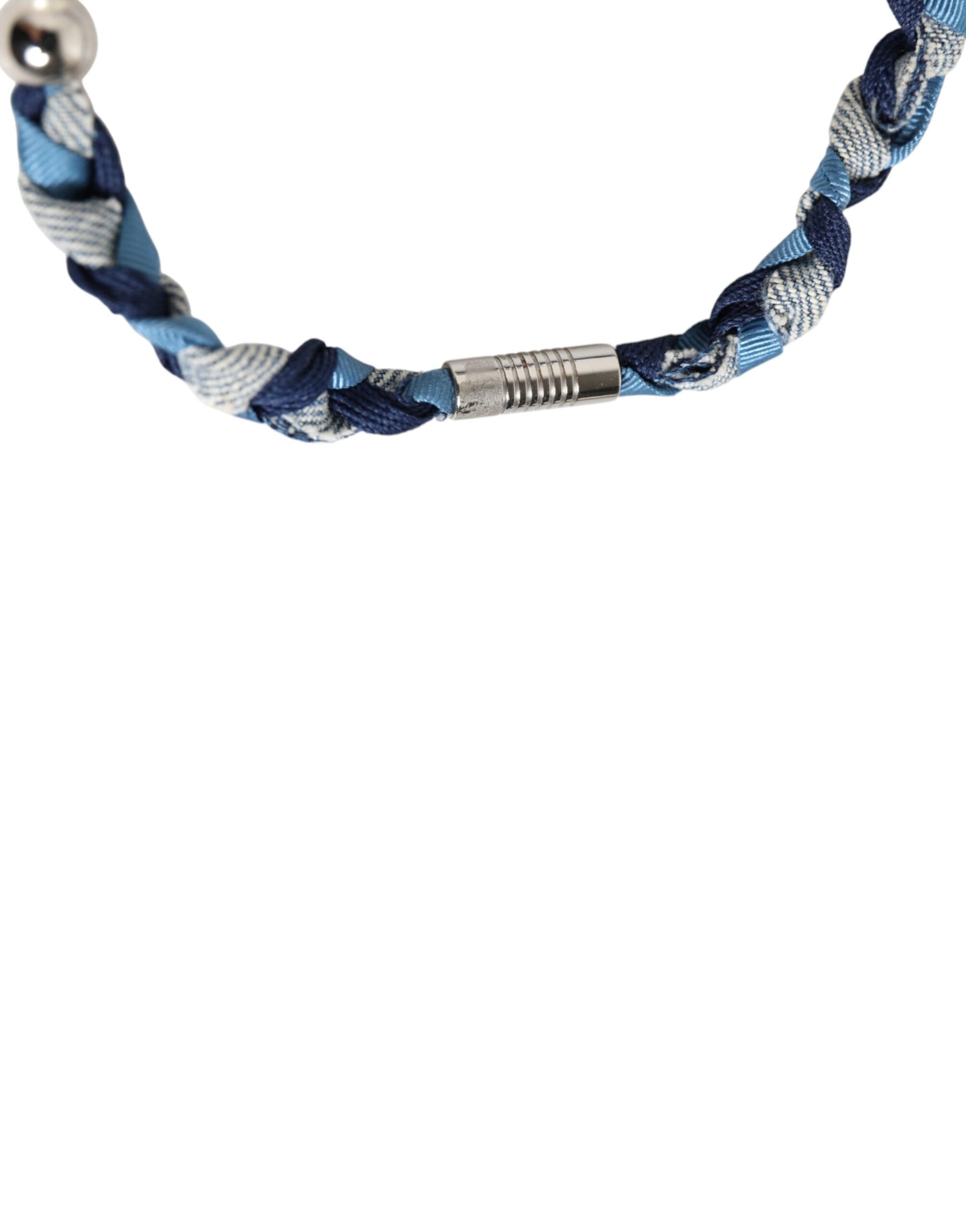 Dolce & Gabbana Blue White Braided Silver Metal Logo Beaded Men Bracelet | Regal Royce