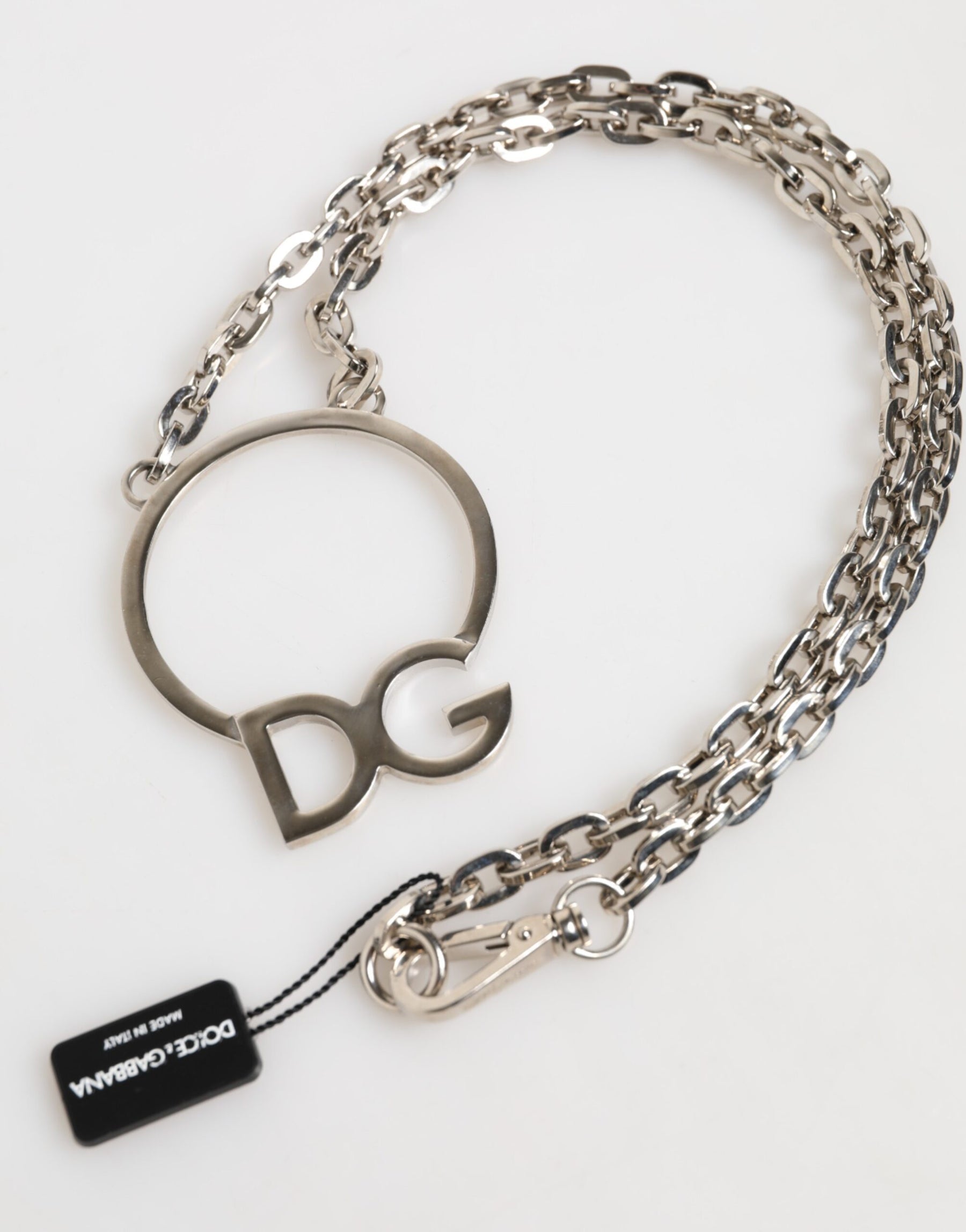 Dolce & Gabbana Silver Tone Brass Chain DG Logo Pendant Men Necklace | Regal Royce