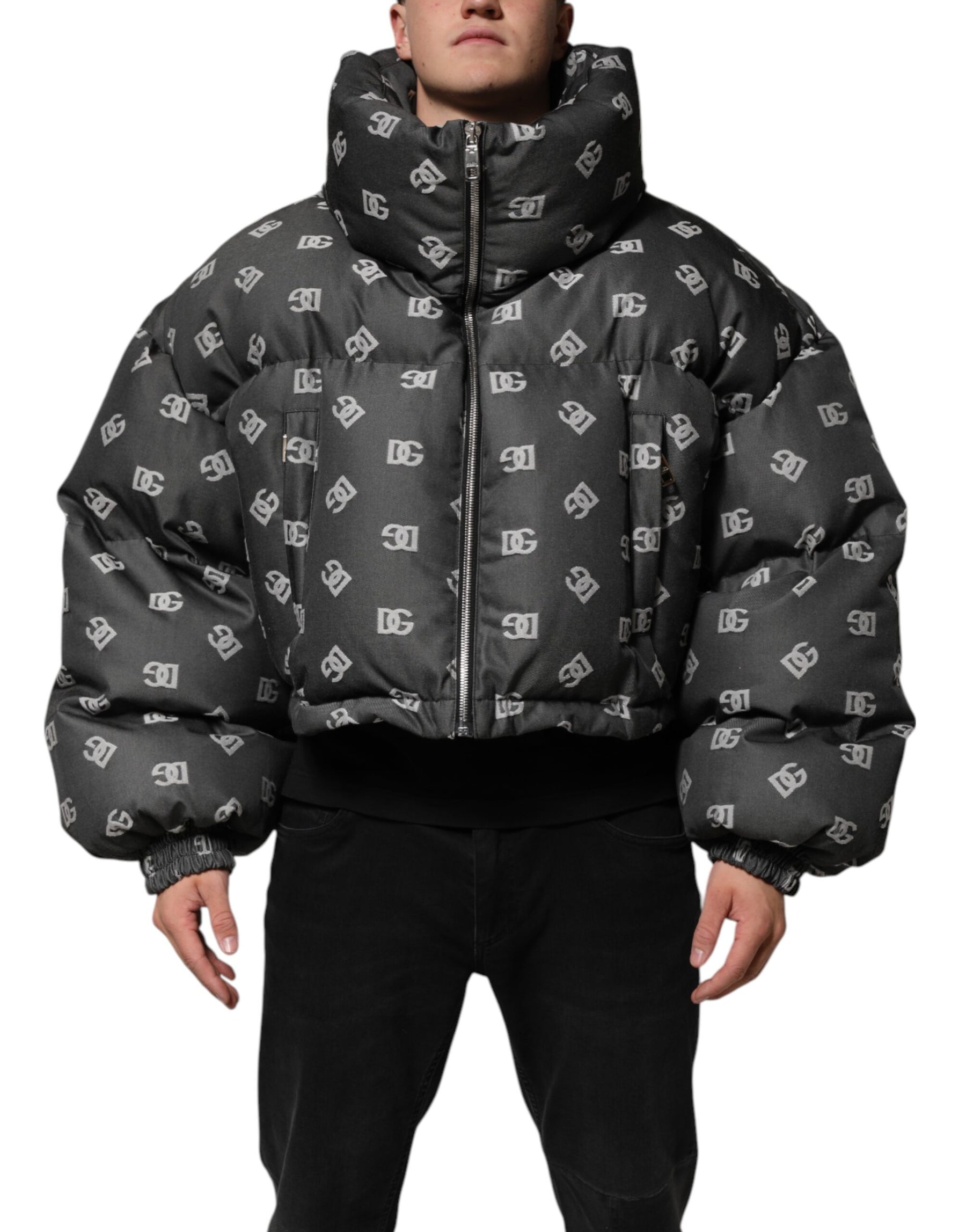 Dolce & Gabbana Black DG Monogram Full Zip Puffer Men Jacket | Regal Royce