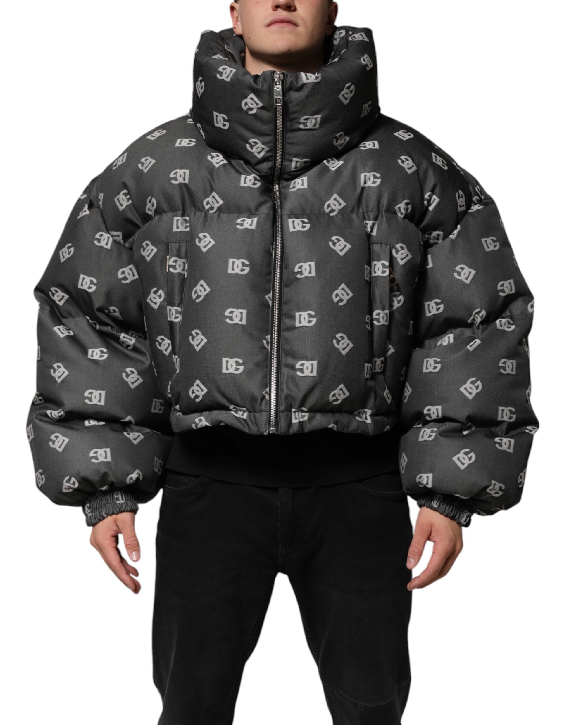 Dolce & Gabbana Black DG Monogram Full Zip Puffer Men Jacket | Regal Royce