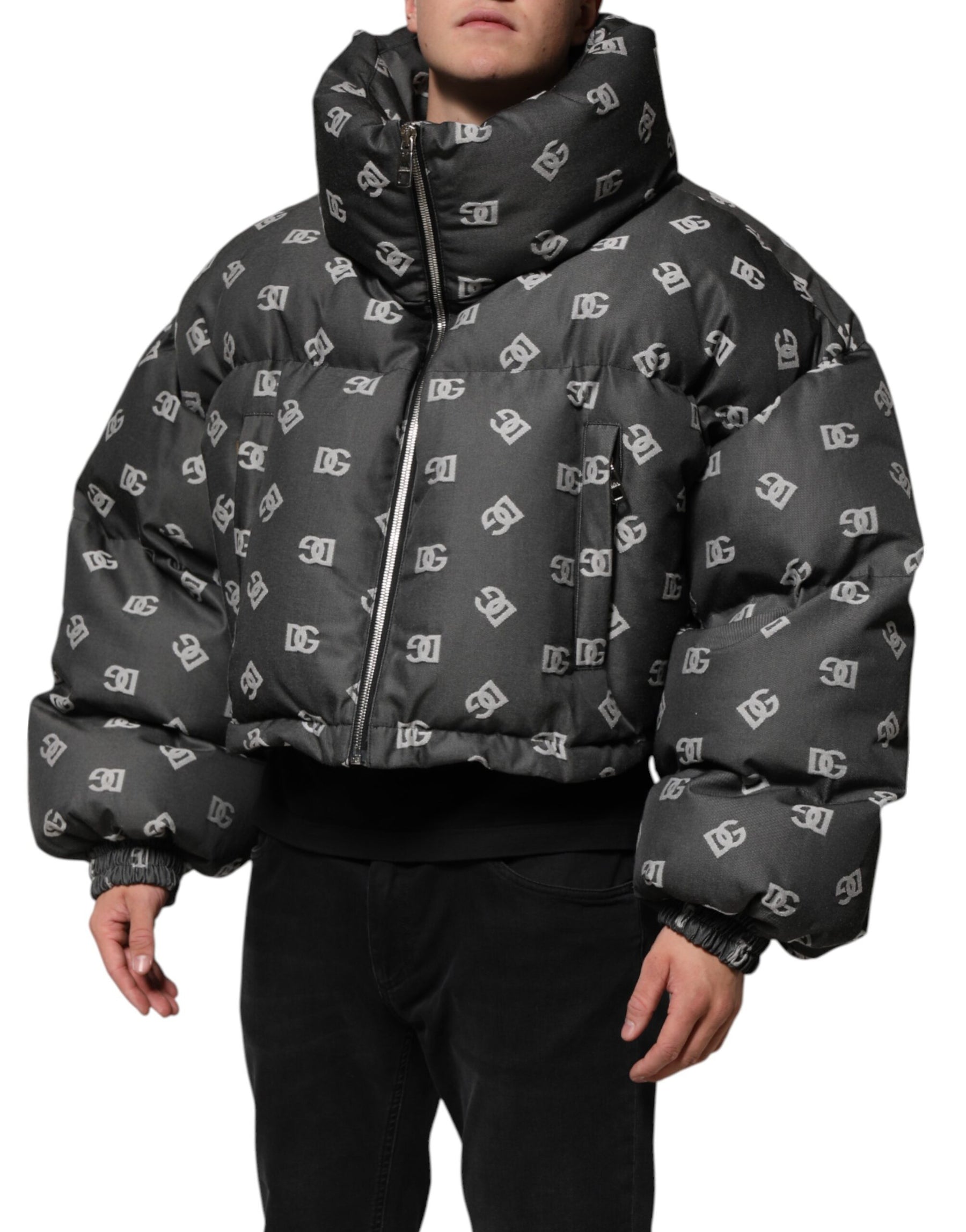 Dolce & Gabbana Black DG Monogram Full Zip Puffer Men Jacket | Regal Royce