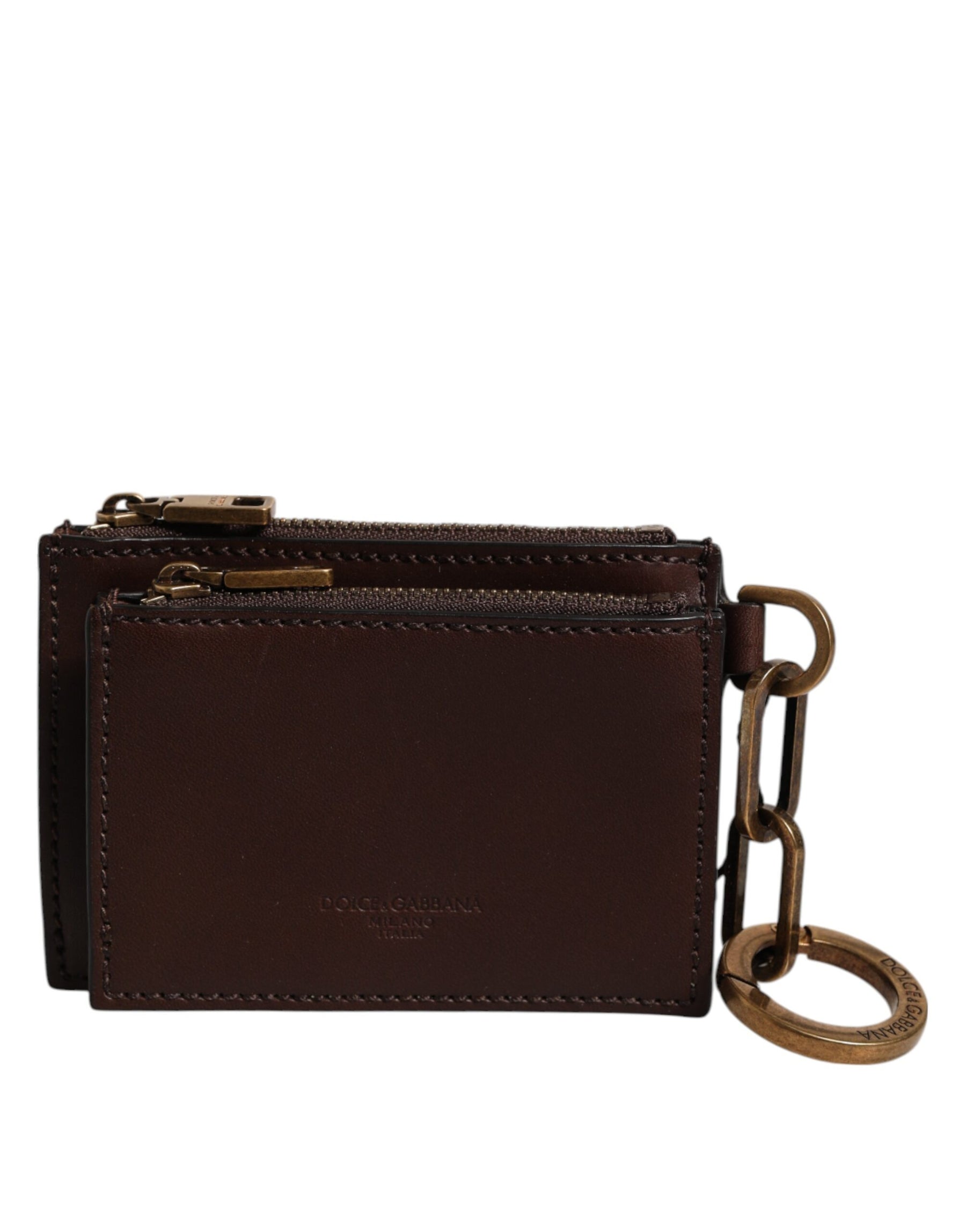 Dolce & Gabbana Brown Calf Leather Zip Logo Keyring Coin Purse Men Wallet | Regal Royce