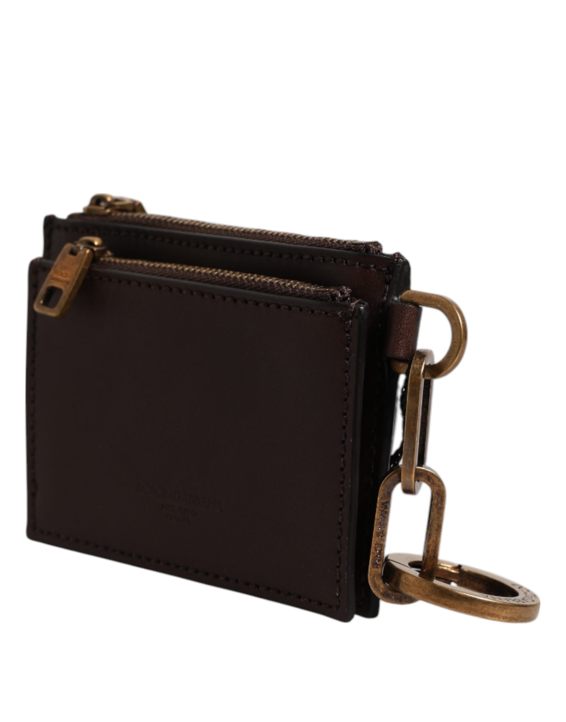 Dolce & Gabbana Brown Calf Leather Zip Logo Keyring Coin Purse Men Wallet | Regal Royce