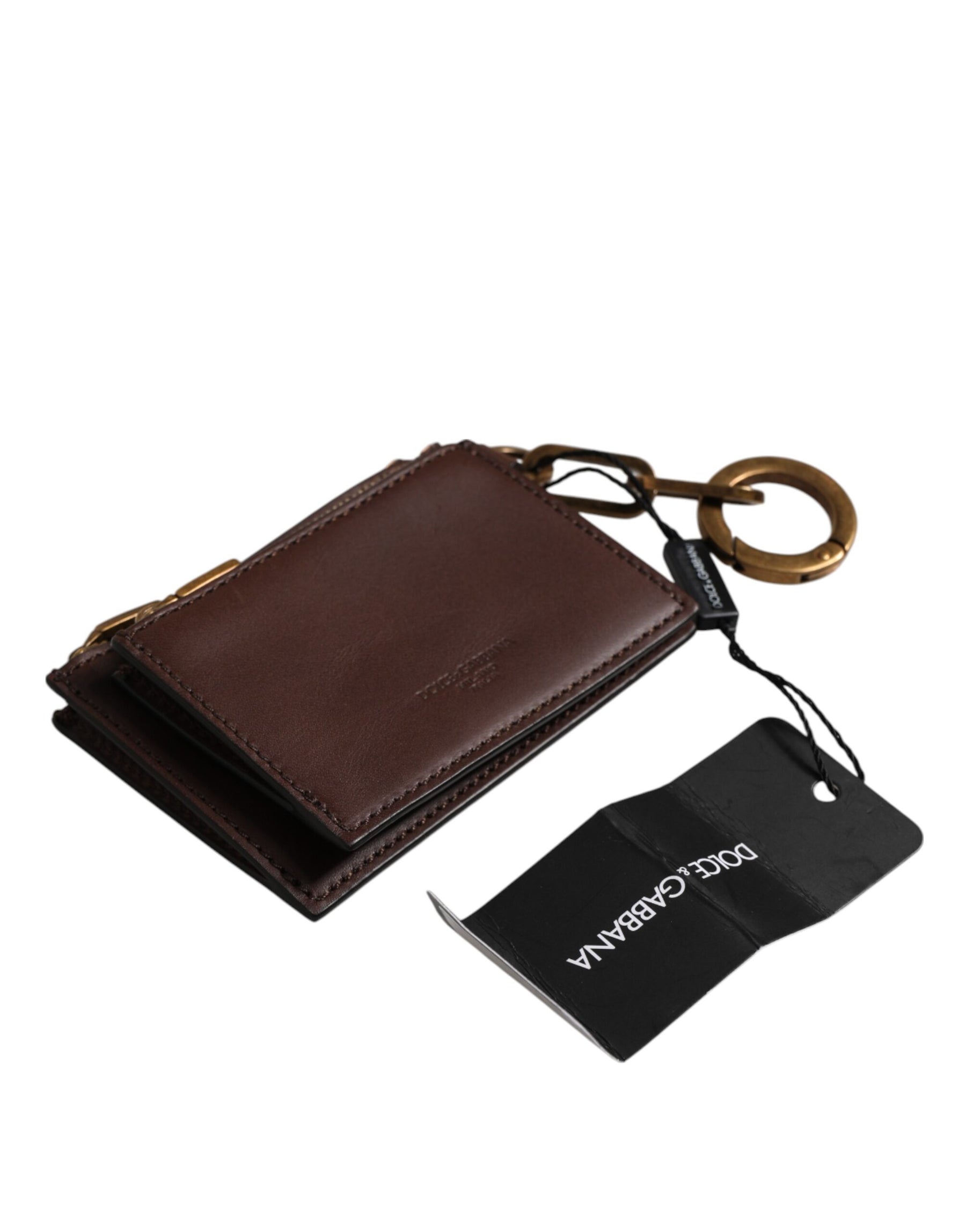 Dolce & Gabbana Brown Calf Leather Zip Logo Keyring Coin Purse Men Wallet | Regal Royce
