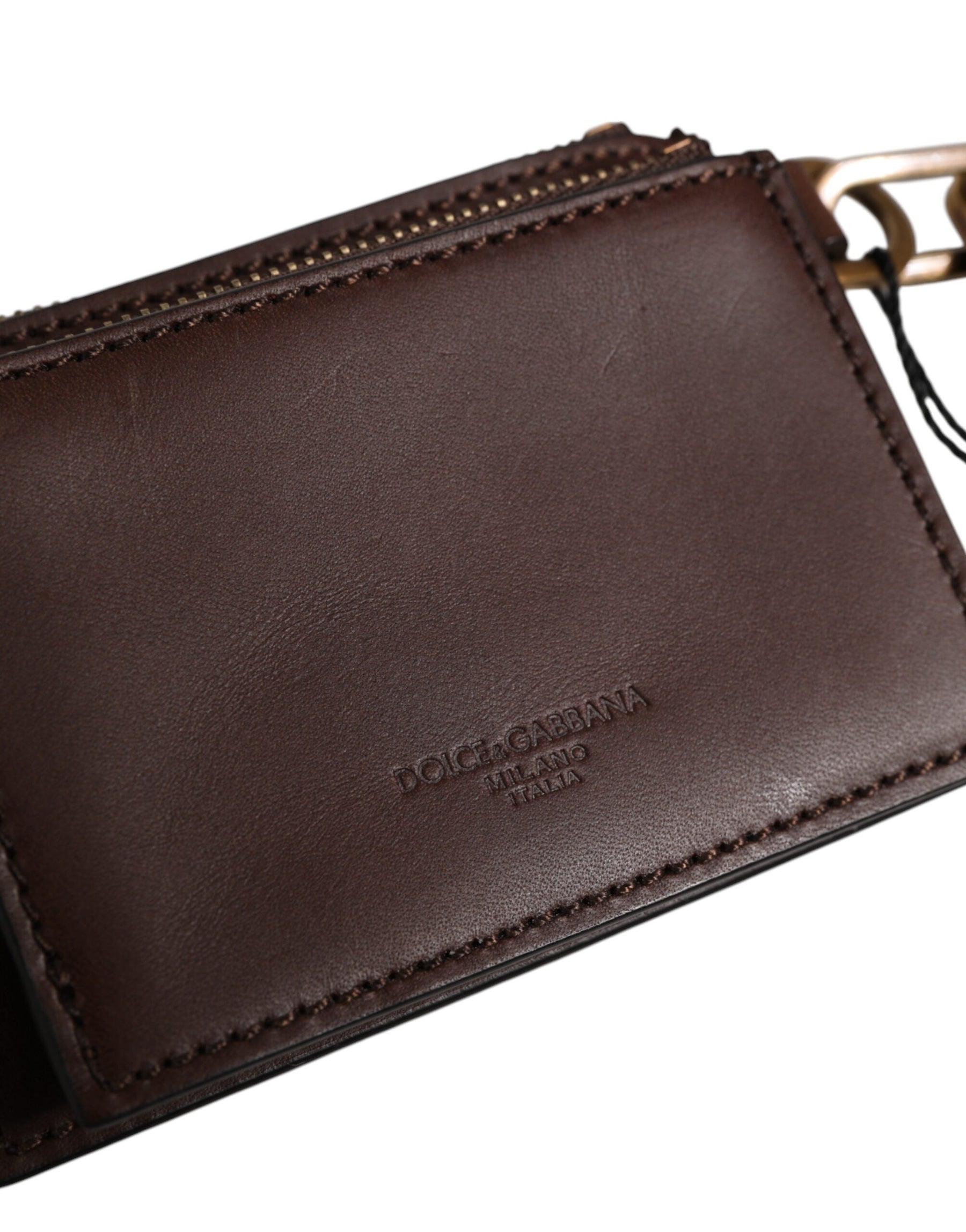 Dolce & Gabbana Brown Calf Leather Zip Logo Keyring Coin Purse Men Wallet | Regal Royce