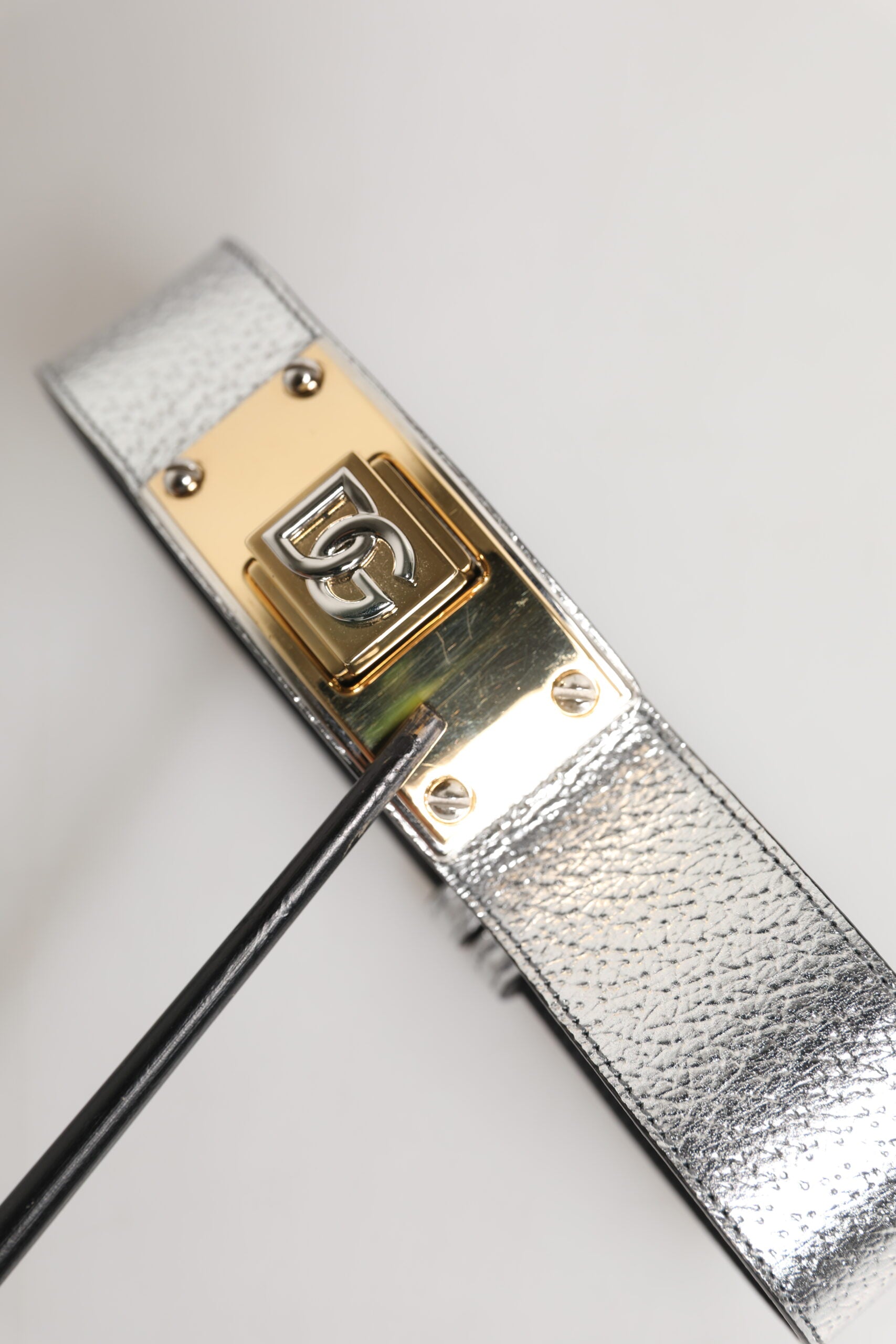 Dolce & Gabbana Silver Textured Leather Gold Tone Metal Neckband | Regal Royce
