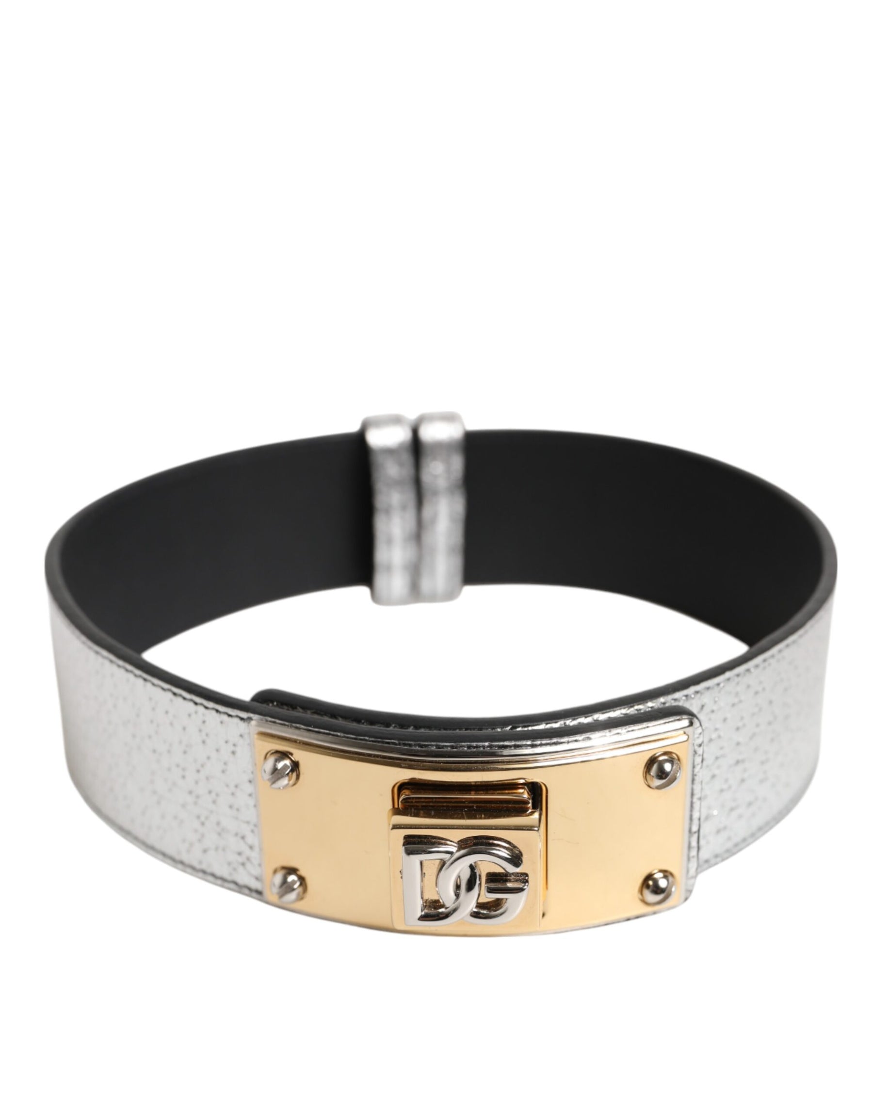 Dolce & Gabbana Silver Textured Leather Gold Tone Metal Neckband | Regal Royce