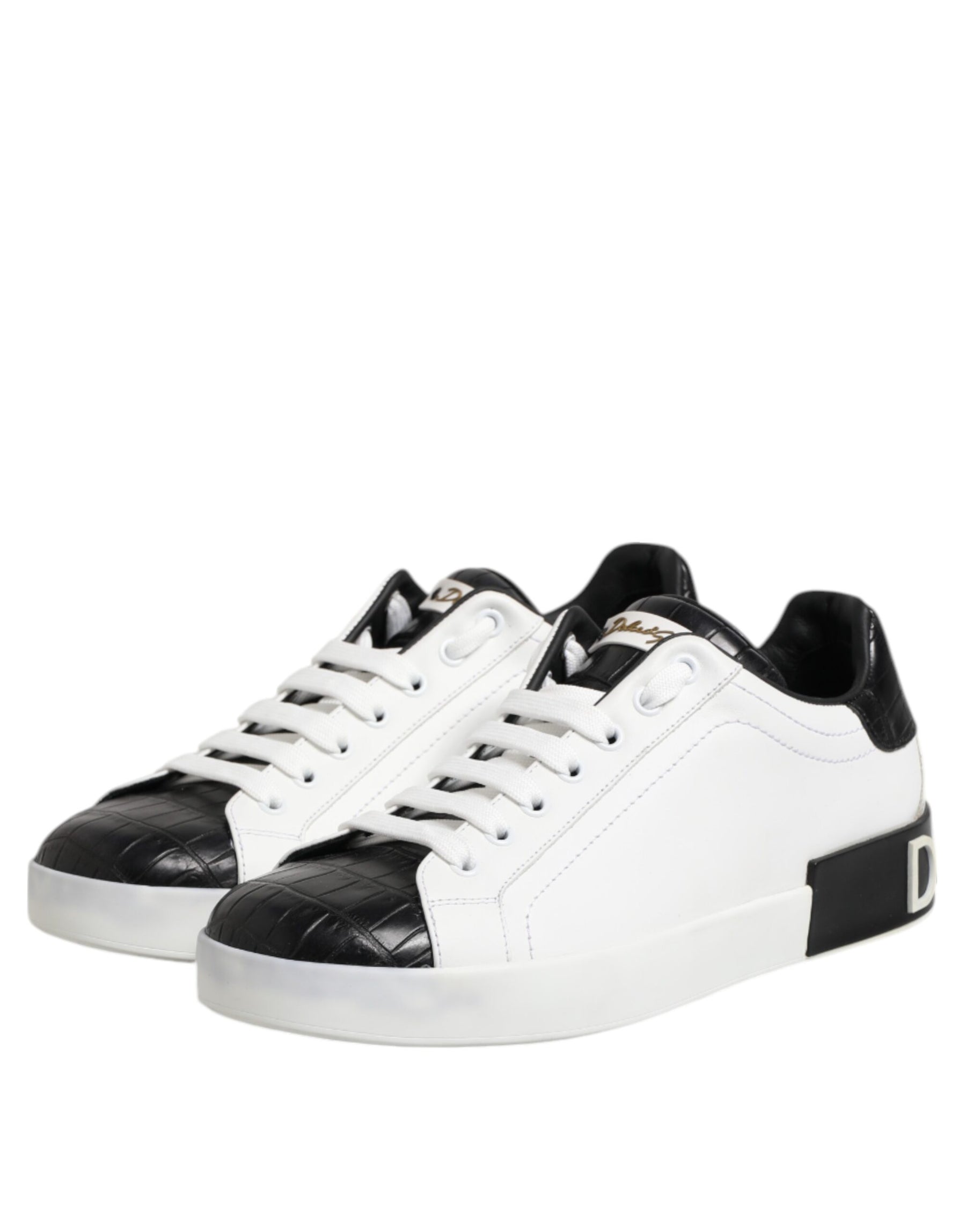 Dolce & Gabbana White Black Leather Portofino Sneaker Shoes | Regal Royce