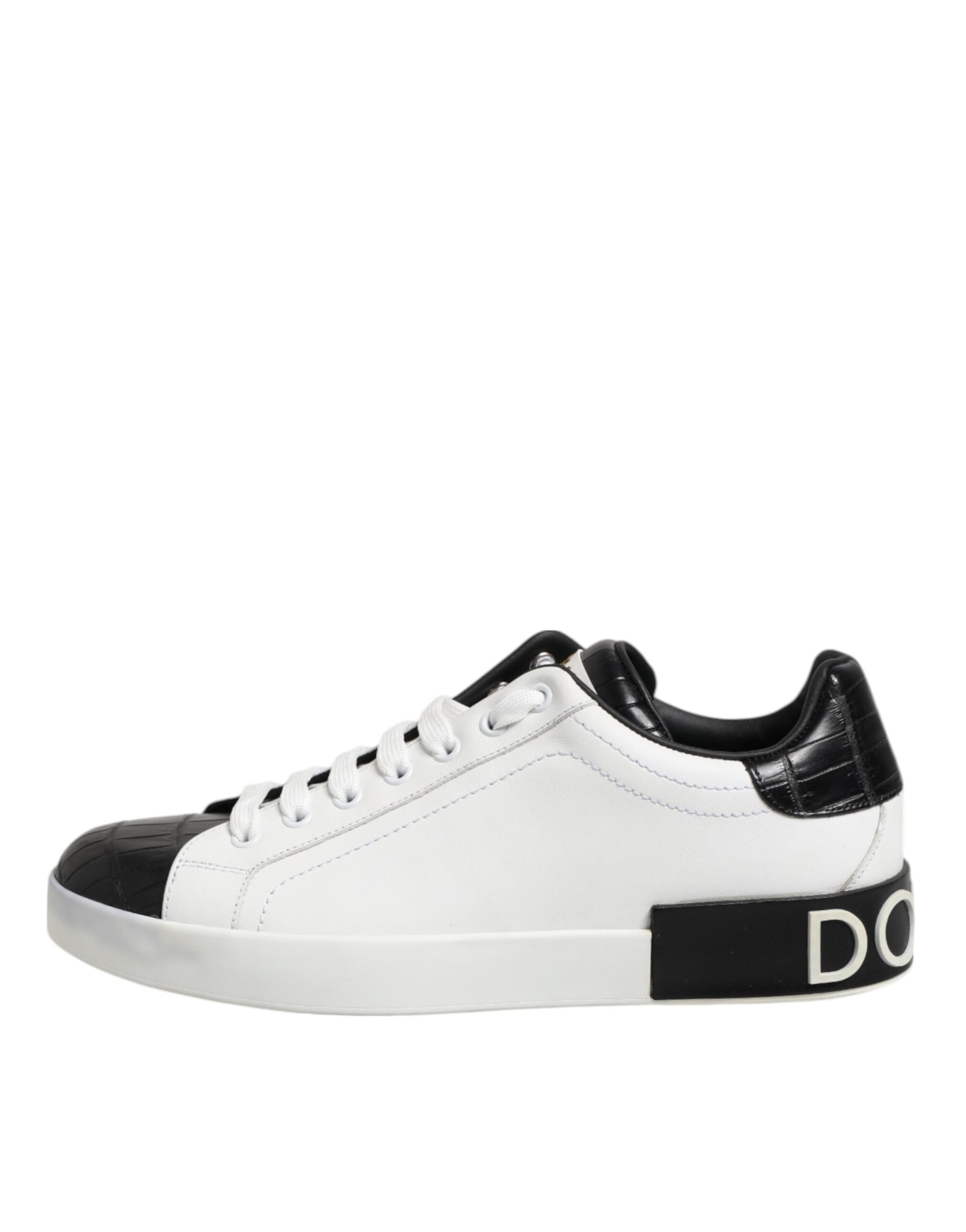 Dolce & Gabbana White Black Leather Portofino Sneaker Shoes | Regal Royce