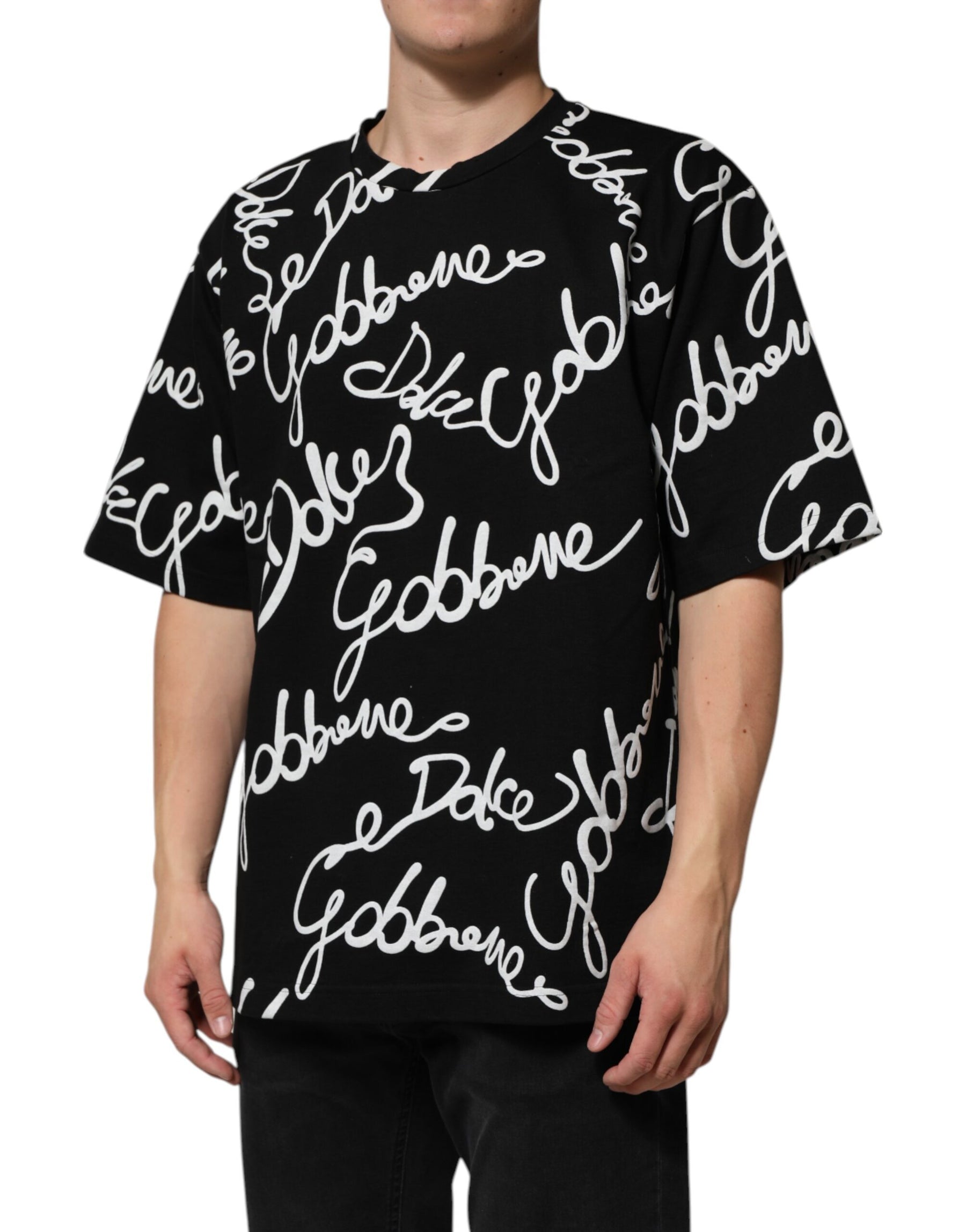 Dolce & Gabbana Black Logo Print Cotton Crew Neck  T-shirt | Regal Royce