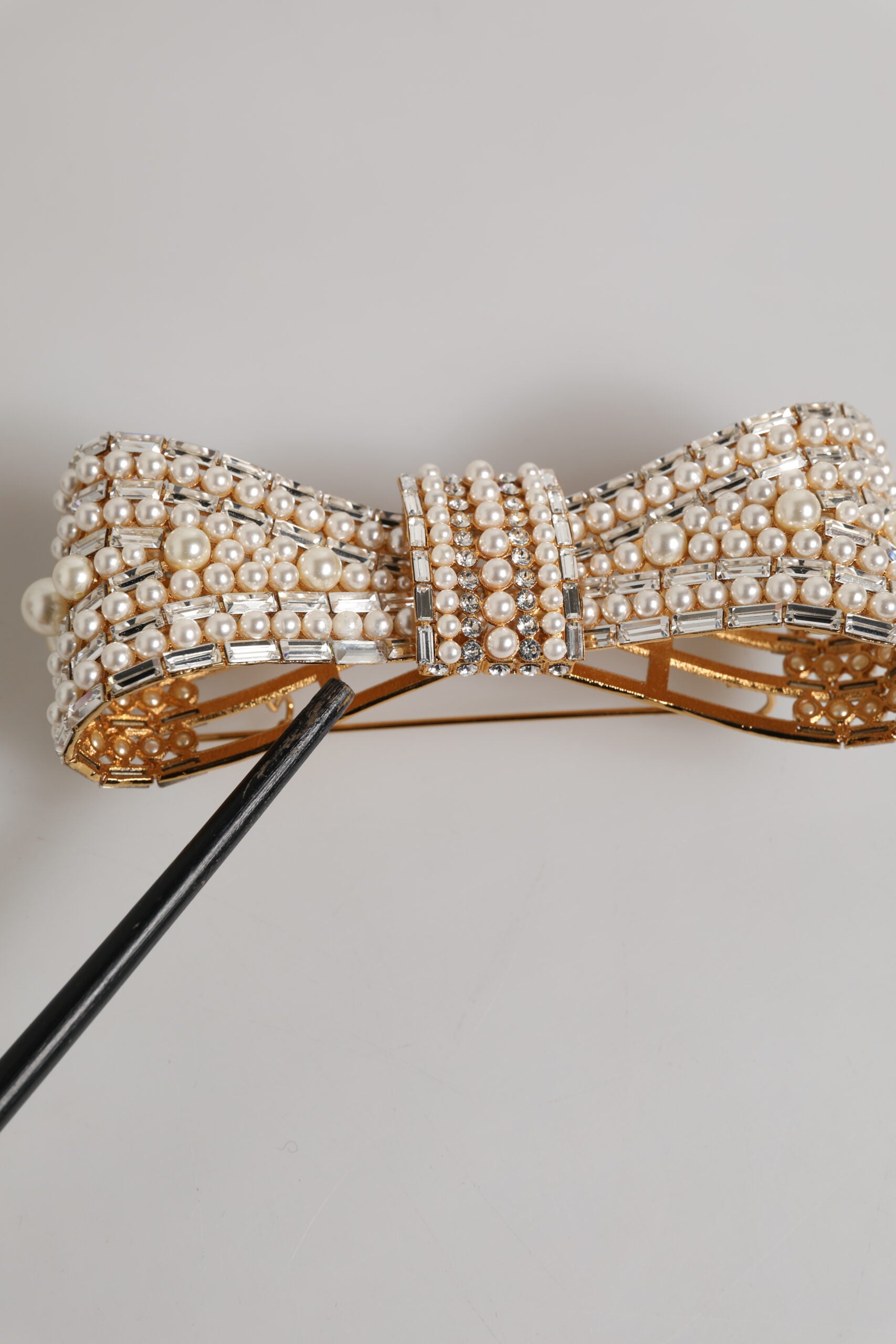 Dolce & Gabbana Gold Tone Brass Bow Crystal FauxPearl Embellished Brooch | Regal Royce
