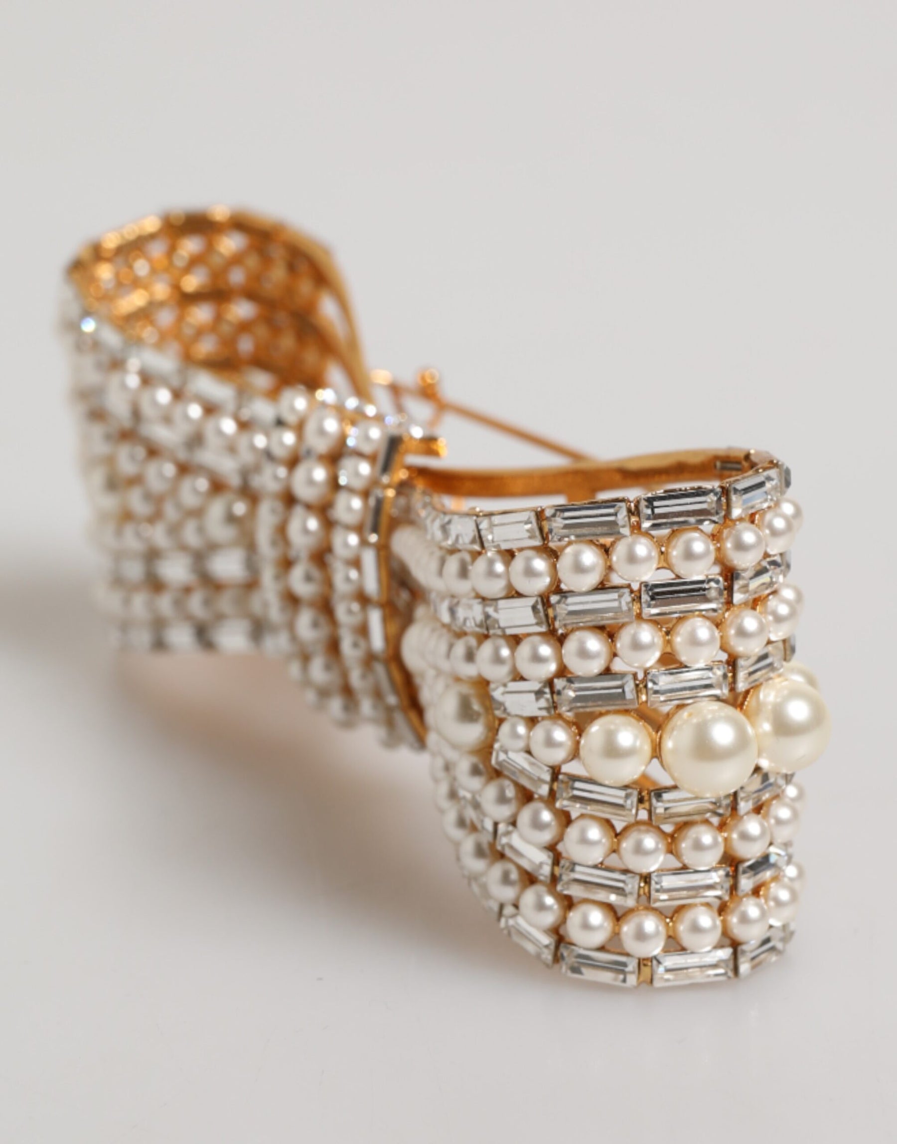 Dolce & Gabbana Gold Tone Brass Bow Crystal FauxPearl Embellished Brooch | Regal Royce