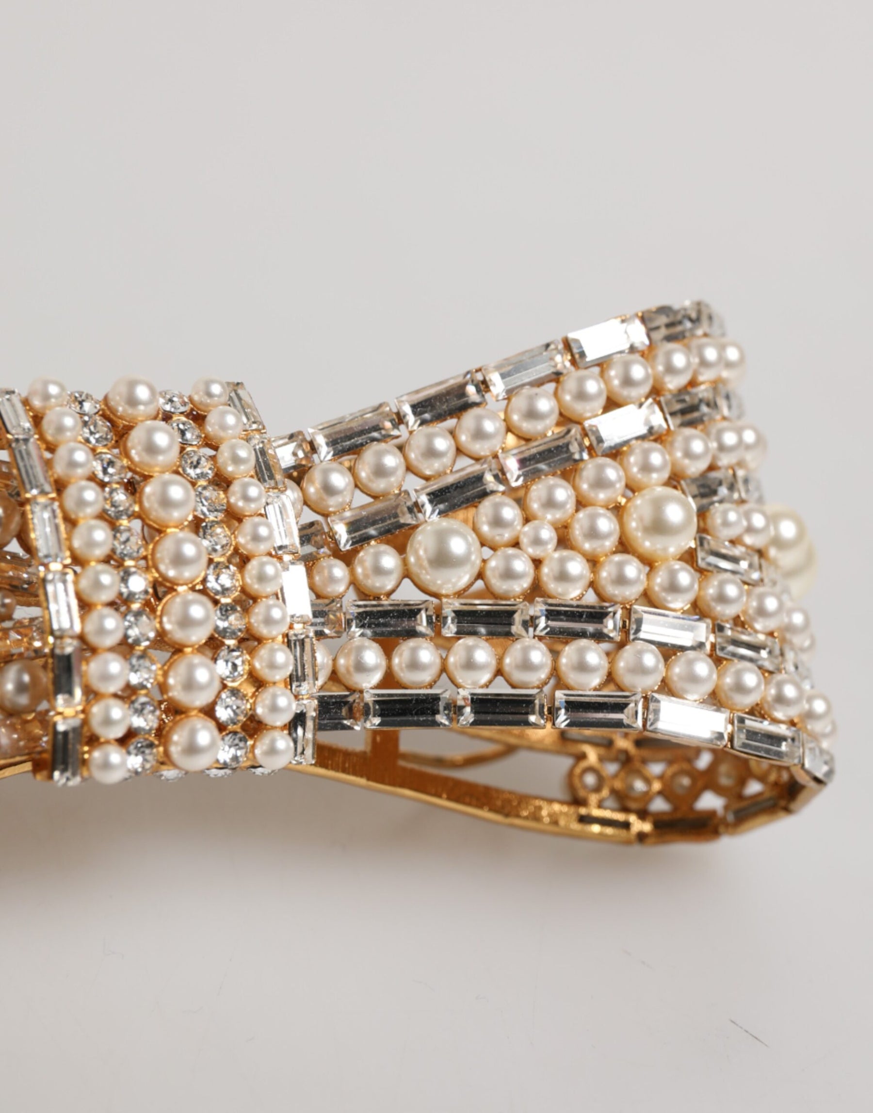 Dolce & Gabbana Gold Tone Brass Bow Crystal FauxPearl Embellished Brooch | Regal Royce