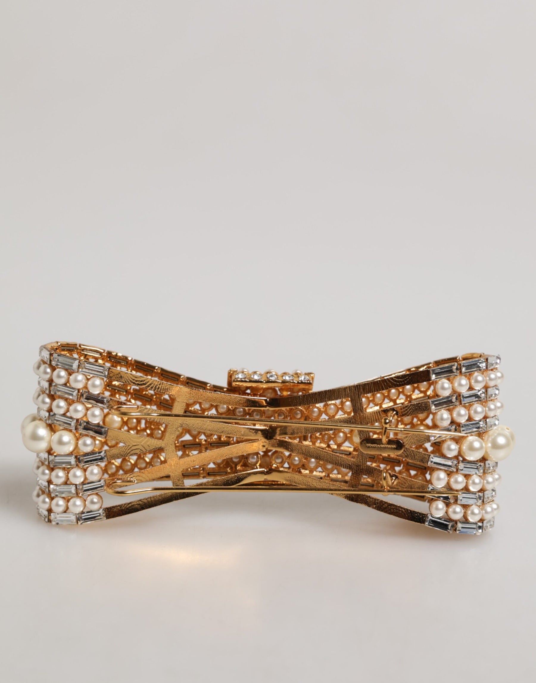 Dolce & Gabbana Gold Tone Brass Bow Crystal FauxPearl Embellished Brooch | Regal Royce
