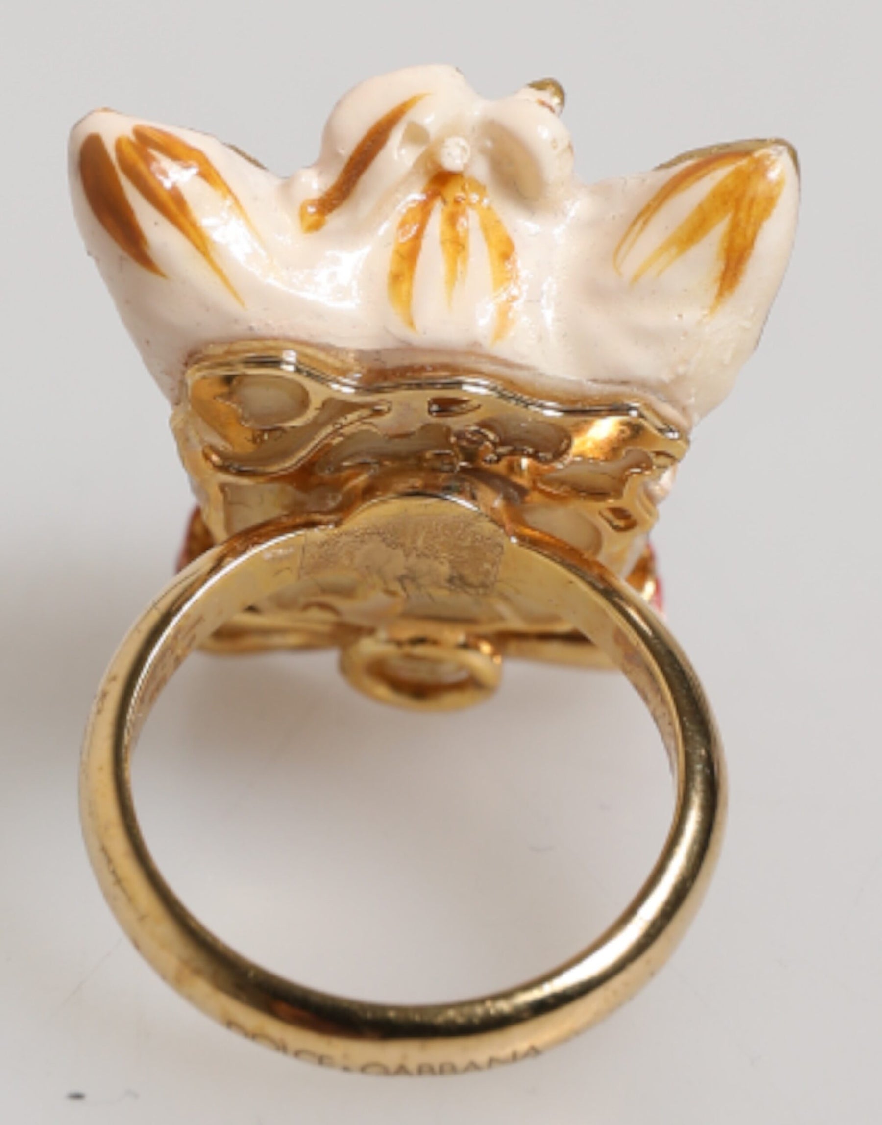 Dolce & Gabbana Gold Brass Resin Beige Dog Pet Accessory Ring | Regal Royce