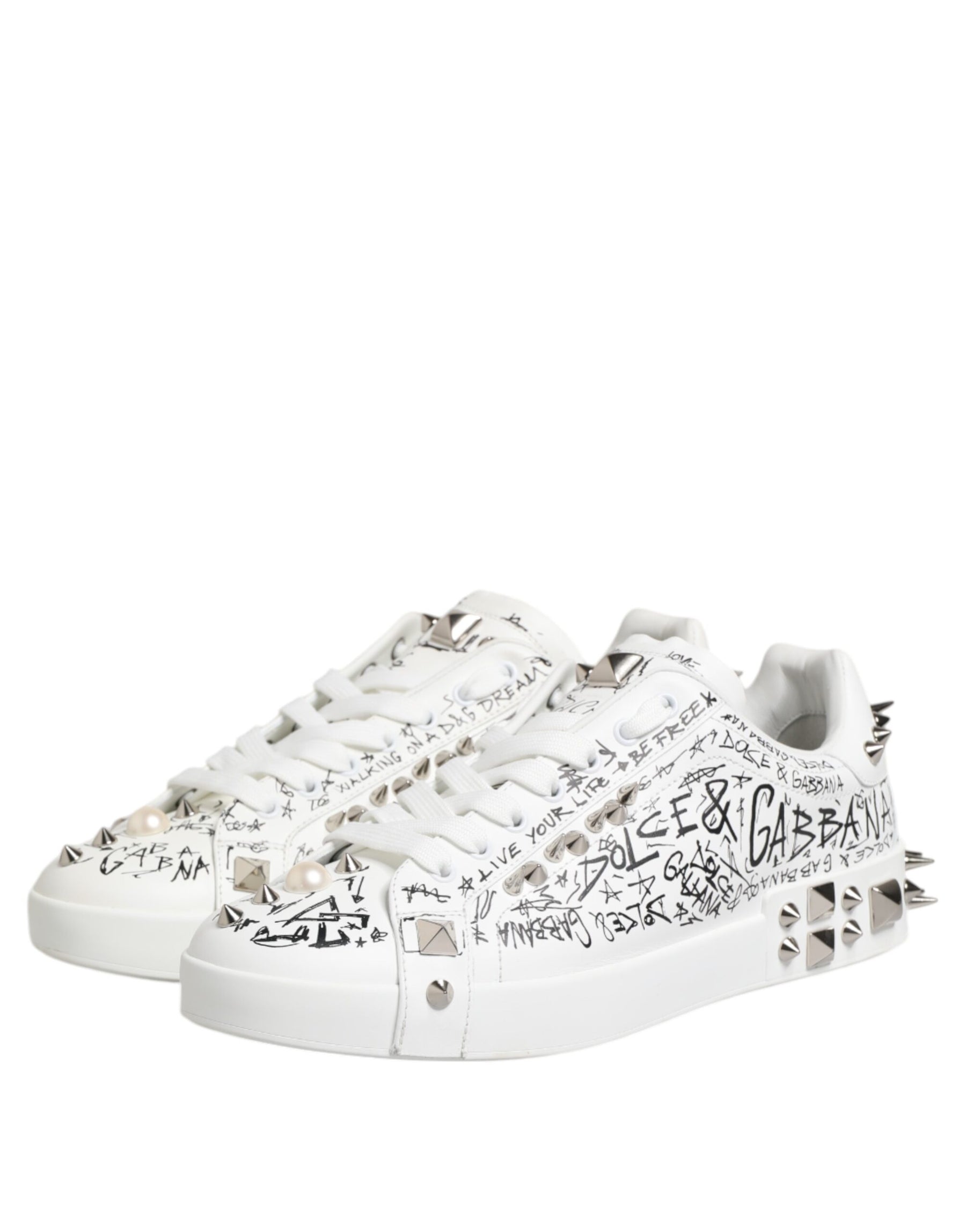Dolce & Gabbana White Portofino Studded Men Sneakers Shoes | Regal Royce