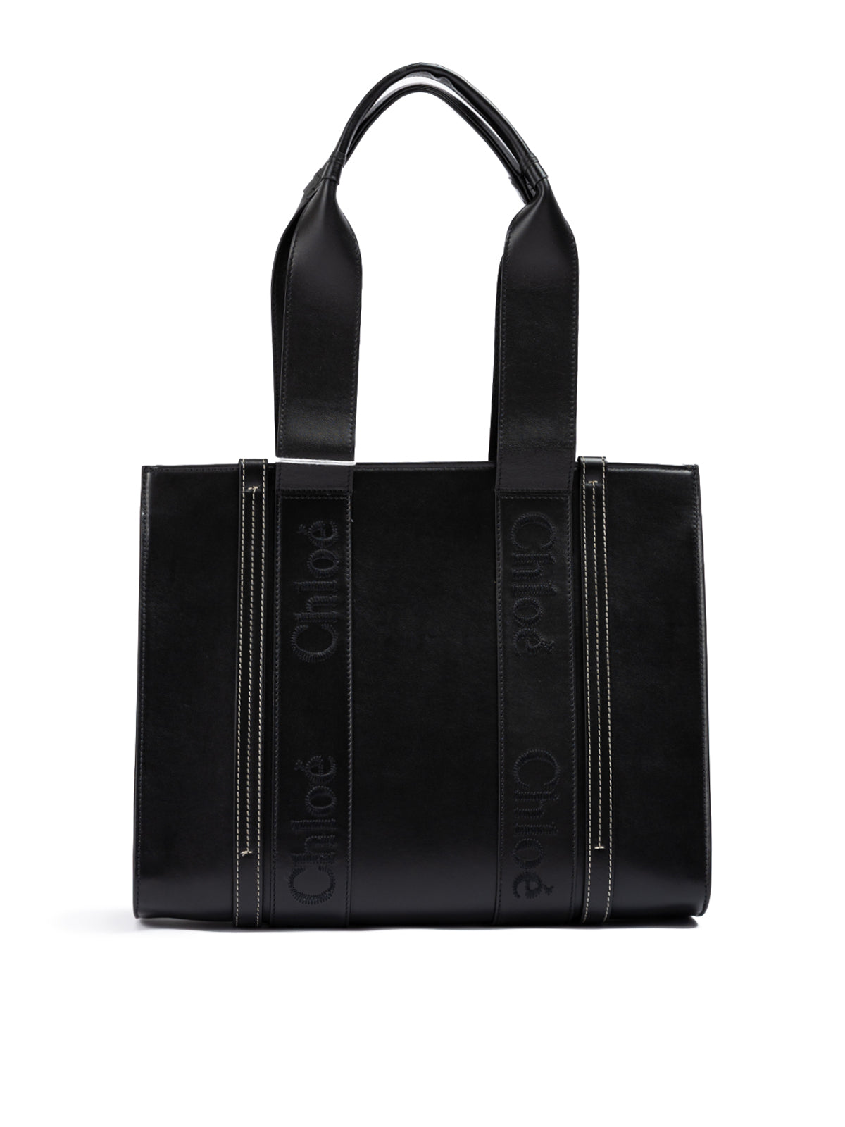 Chloé Black Woody Embroidered Logo Leather Medium Tote Bag | Regal Royce
