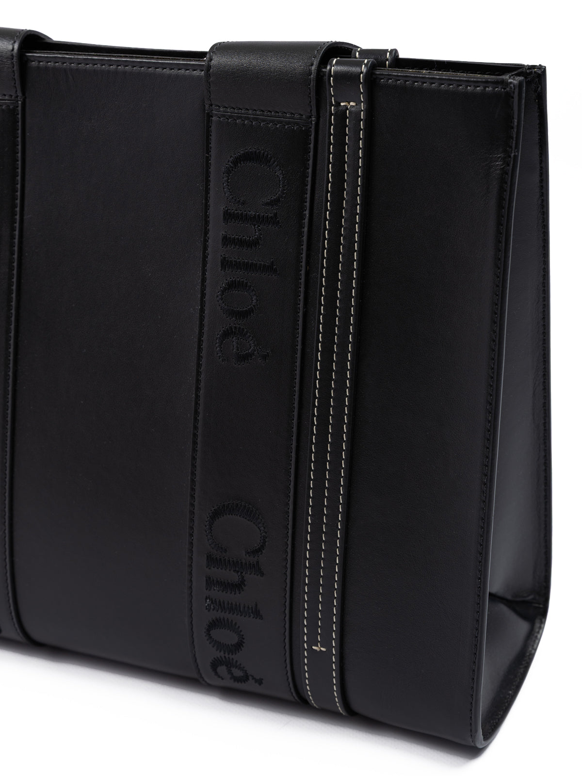 Chloé Black Woody Embroidered Logo Leather Medium Tote Bag | Regal Royce