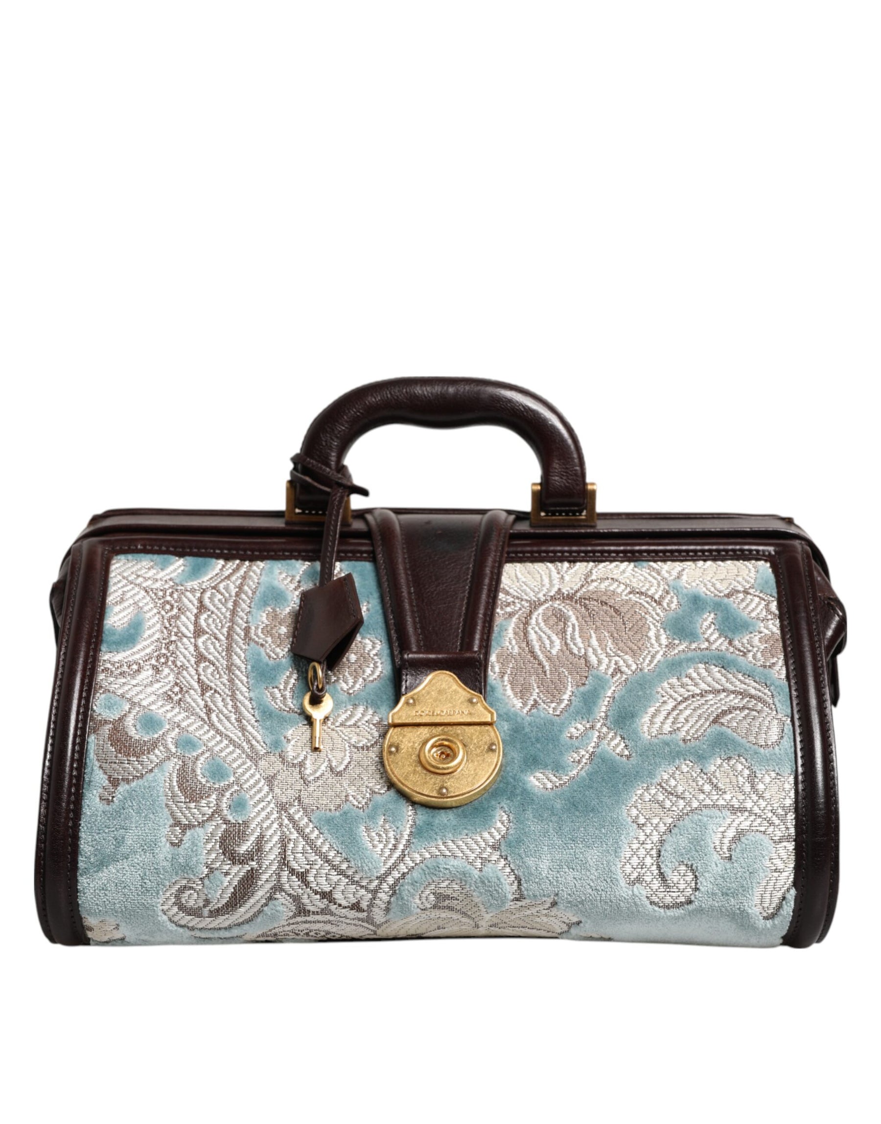 Dolce & Gabbana Blue Brown Leather Floral Jacquard Travel Handbag Bag | Regal Royce