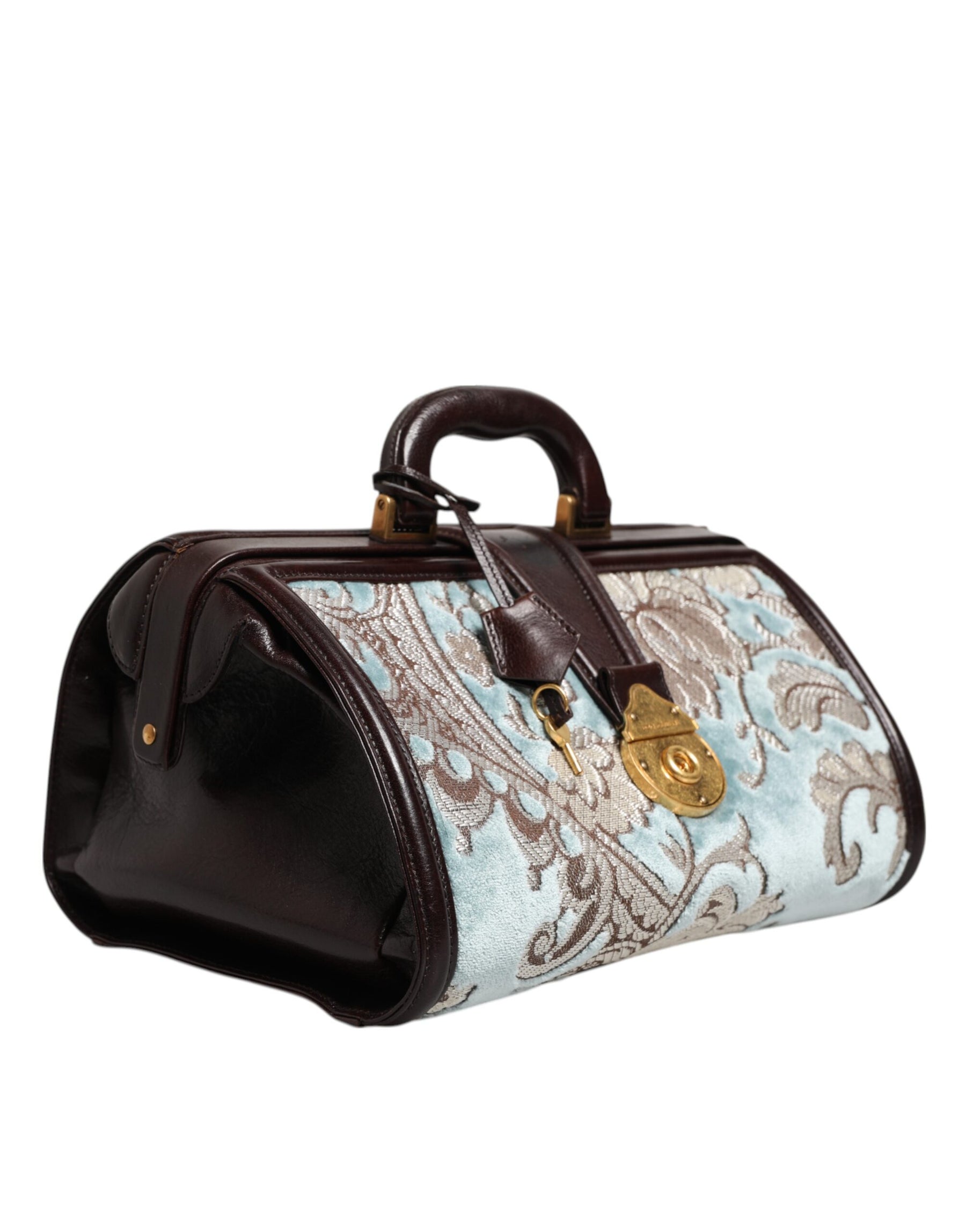 Dolce & Gabbana Blue Brown Leather Floral Jacquard Travel Handbag Bag | Regal Royce
