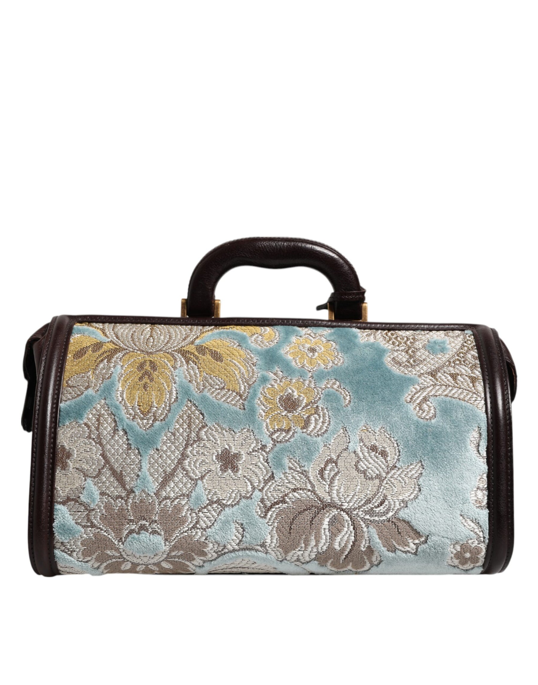 Dolce & Gabbana Blue Brown Leather Floral Jacquard Travel Handbag Bag | Regal Royce